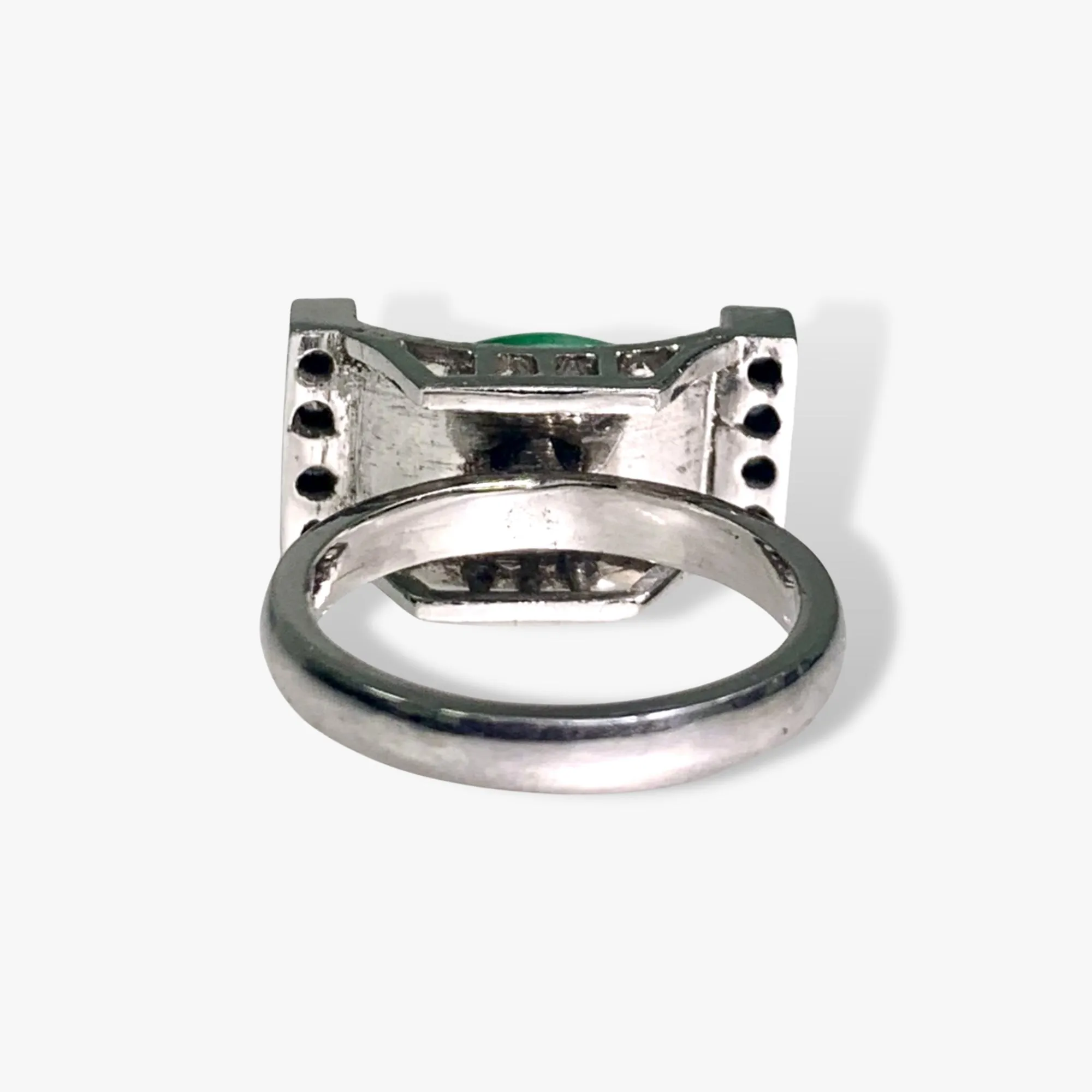 14k White Gold Marquise Cut Green Jade and Diamond Vintage Ring