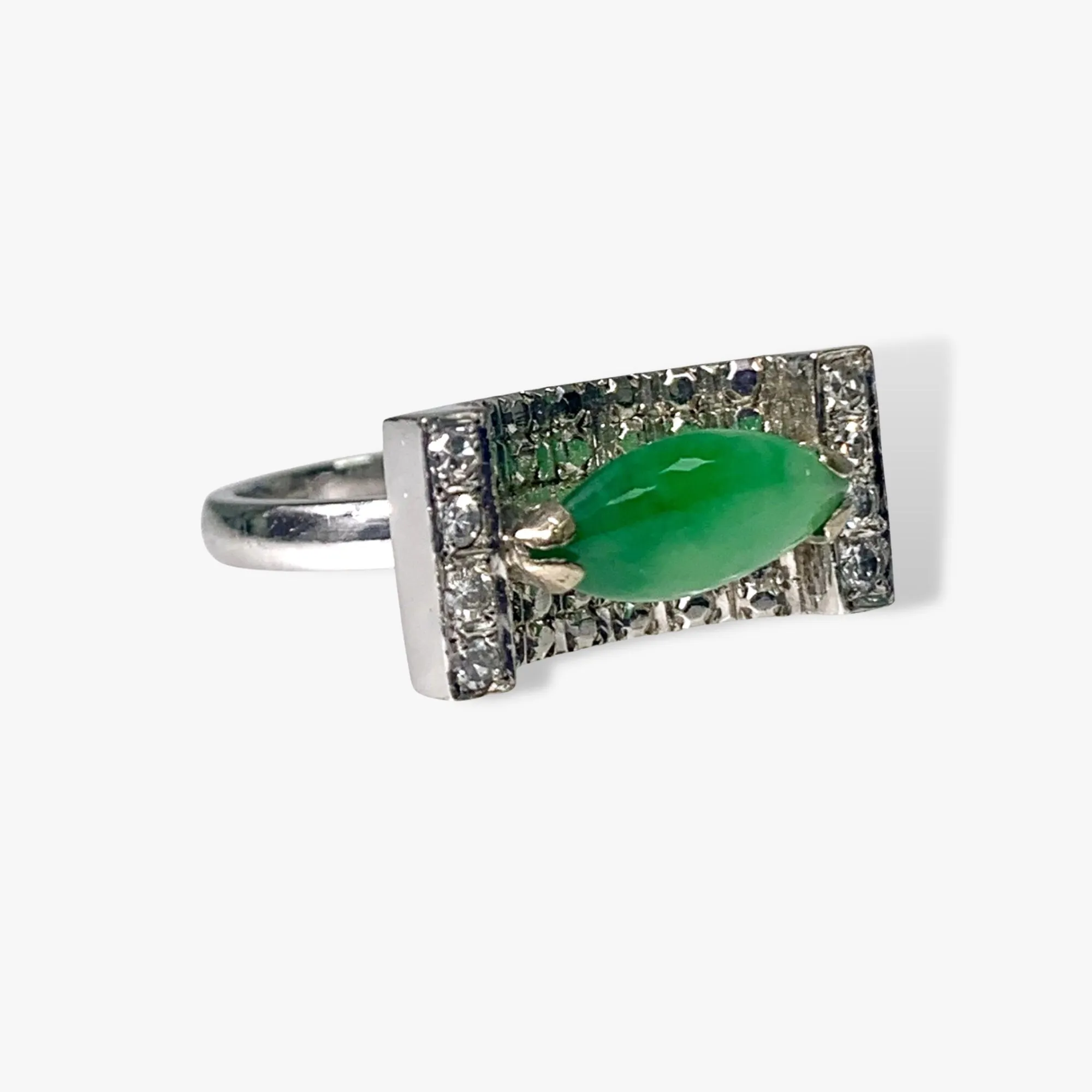 14k White Gold Marquise Cut Green Jade and Diamond Vintage Ring