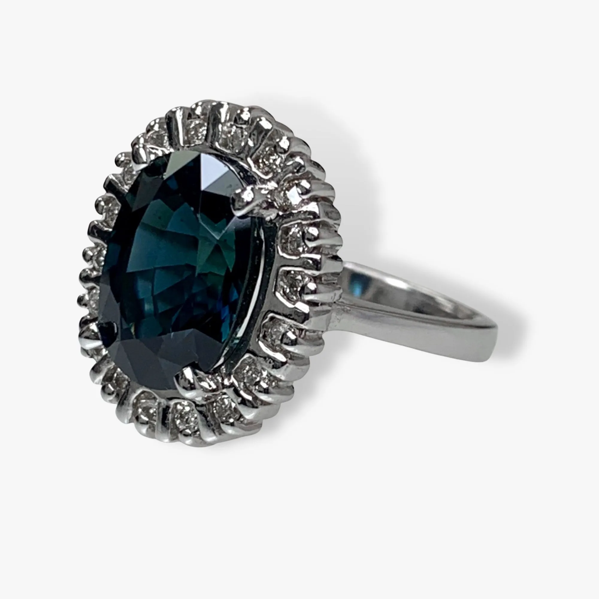 14k White Gold Oval Greenish-Blue Sapphire Diamond Halo Ring