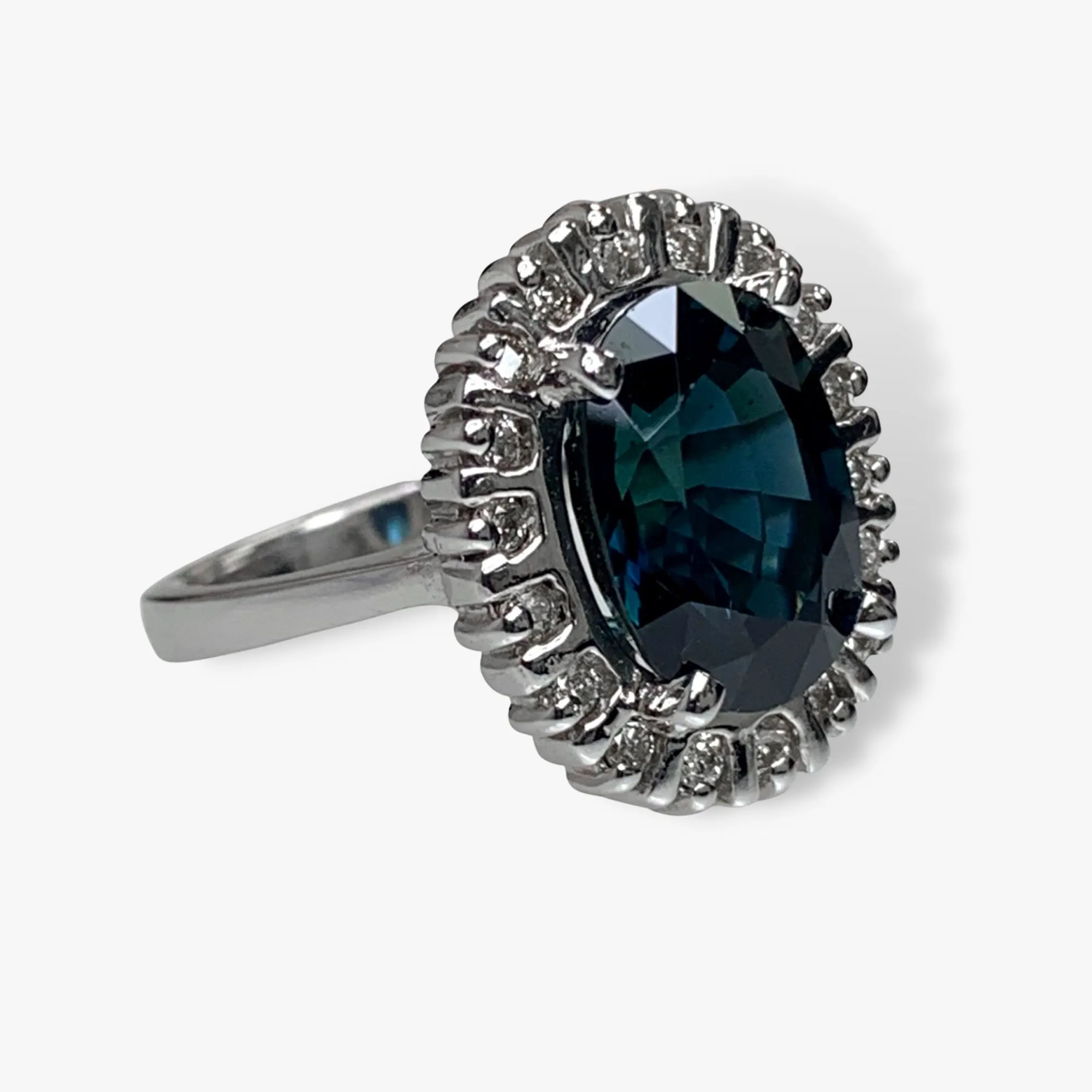 14k White Gold Oval Greenish-Blue Sapphire Diamond Halo Ring