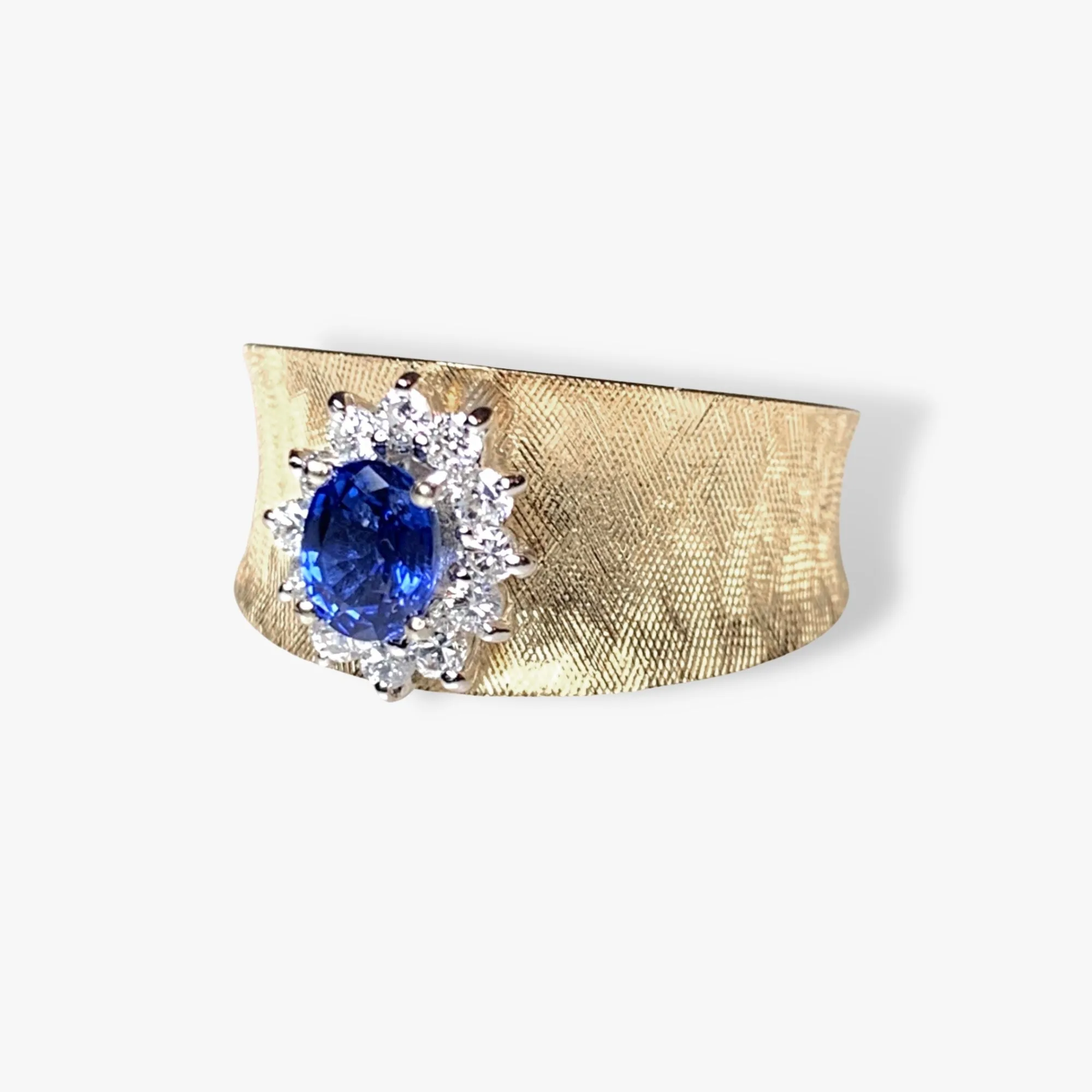 14k Yellow Gold Blue Sapphire and Diamond Wide Band Vintage Ring