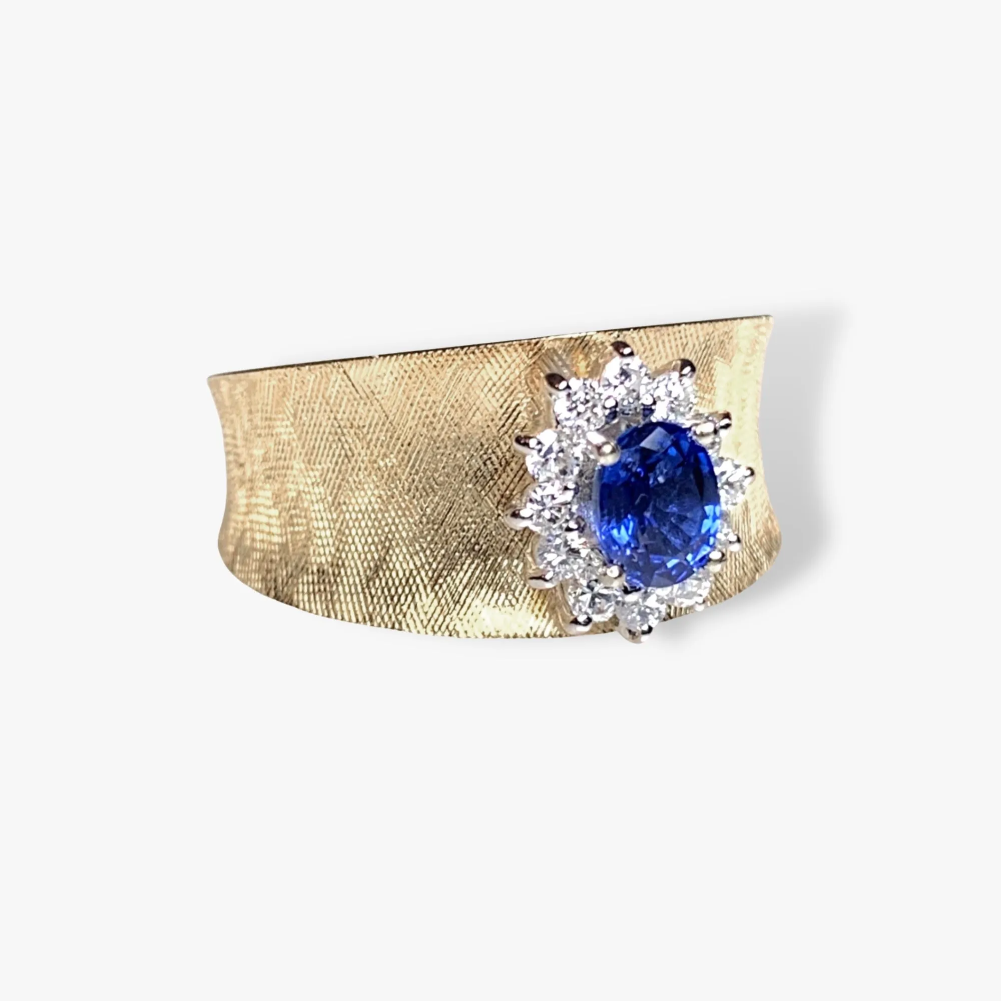 14k Yellow Gold Blue Sapphire and Diamond Wide Band Vintage Ring