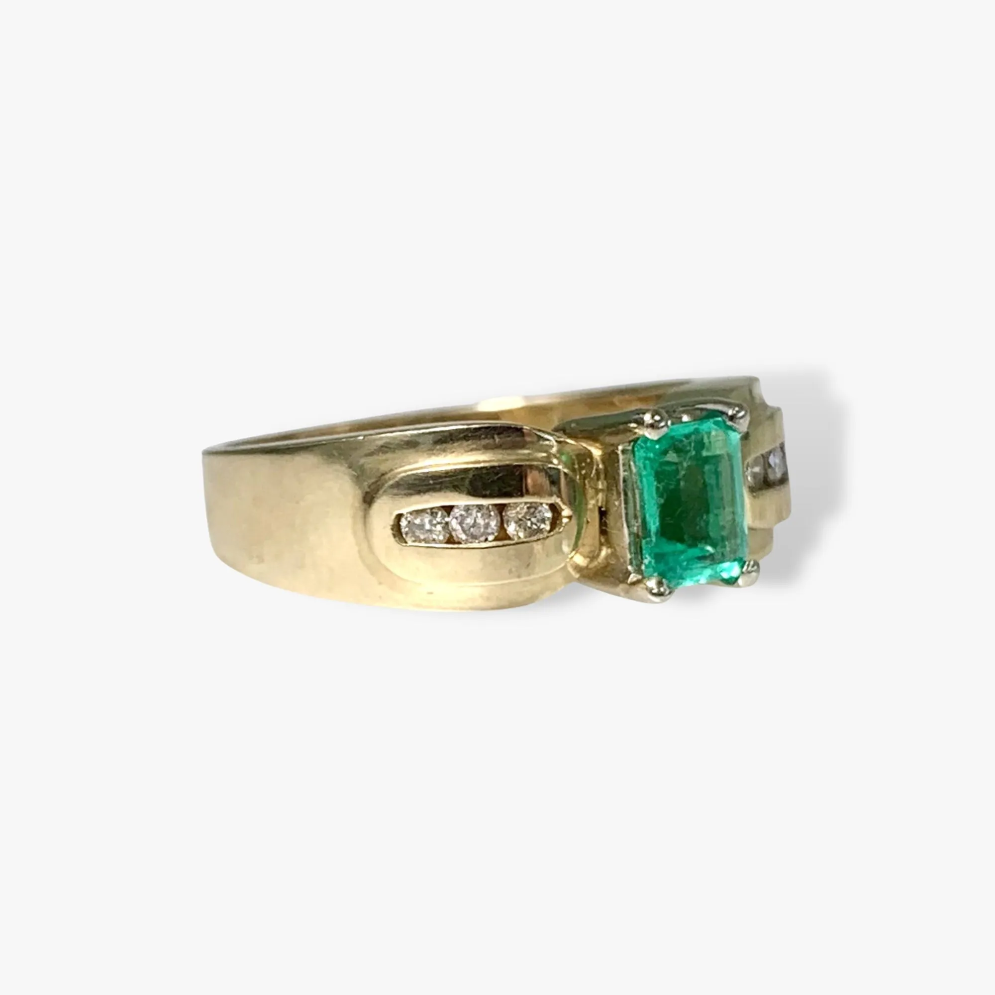 14k Yellow Gold Emerald Cut Emerald and Diamond Vintage Ring