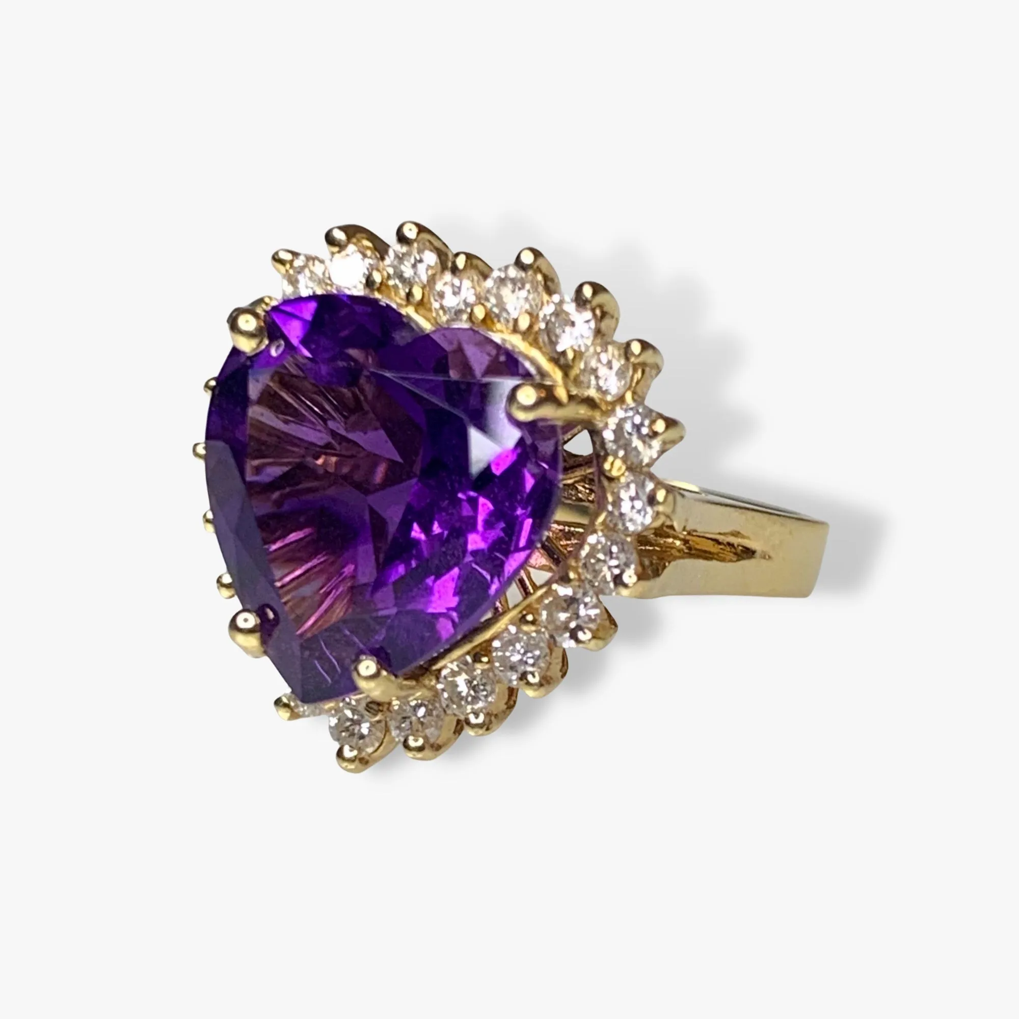 14k Yellow Gold Heart-Shaped Amethyst Diamond Halo Vintage Cocktail Ring