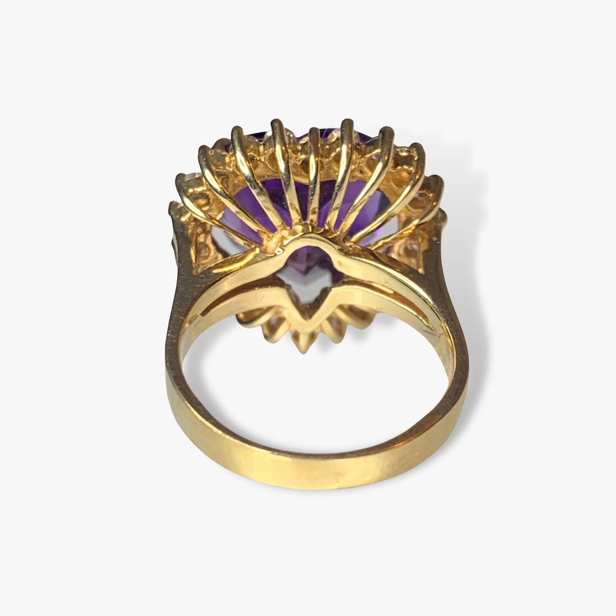 14k Yellow Gold Heart-Shaped Amethyst Diamond Halo Vintage Cocktail Ring