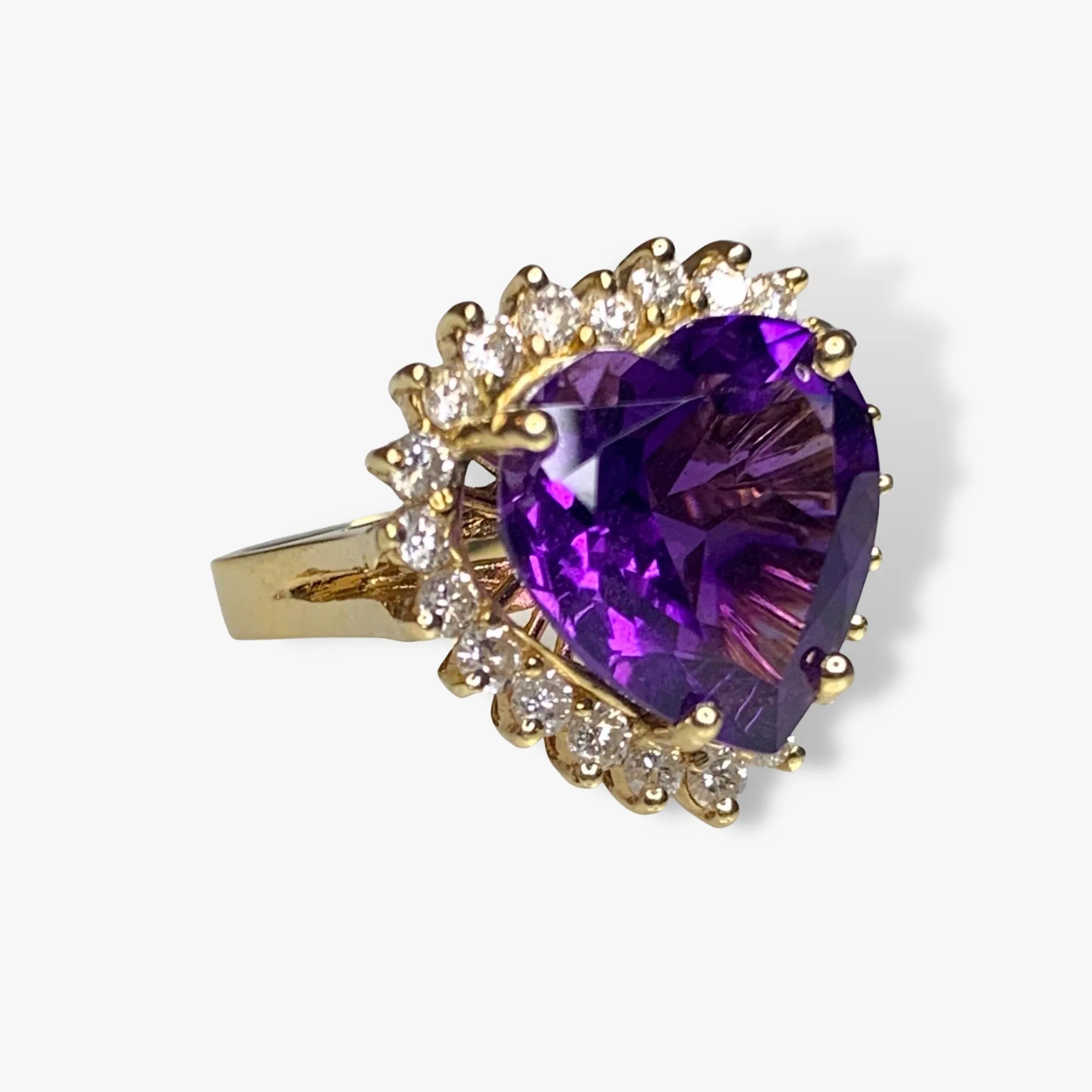 14k Yellow Gold Heart-Shaped Amethyst Diamond Halo Vintage Cocktail Ring