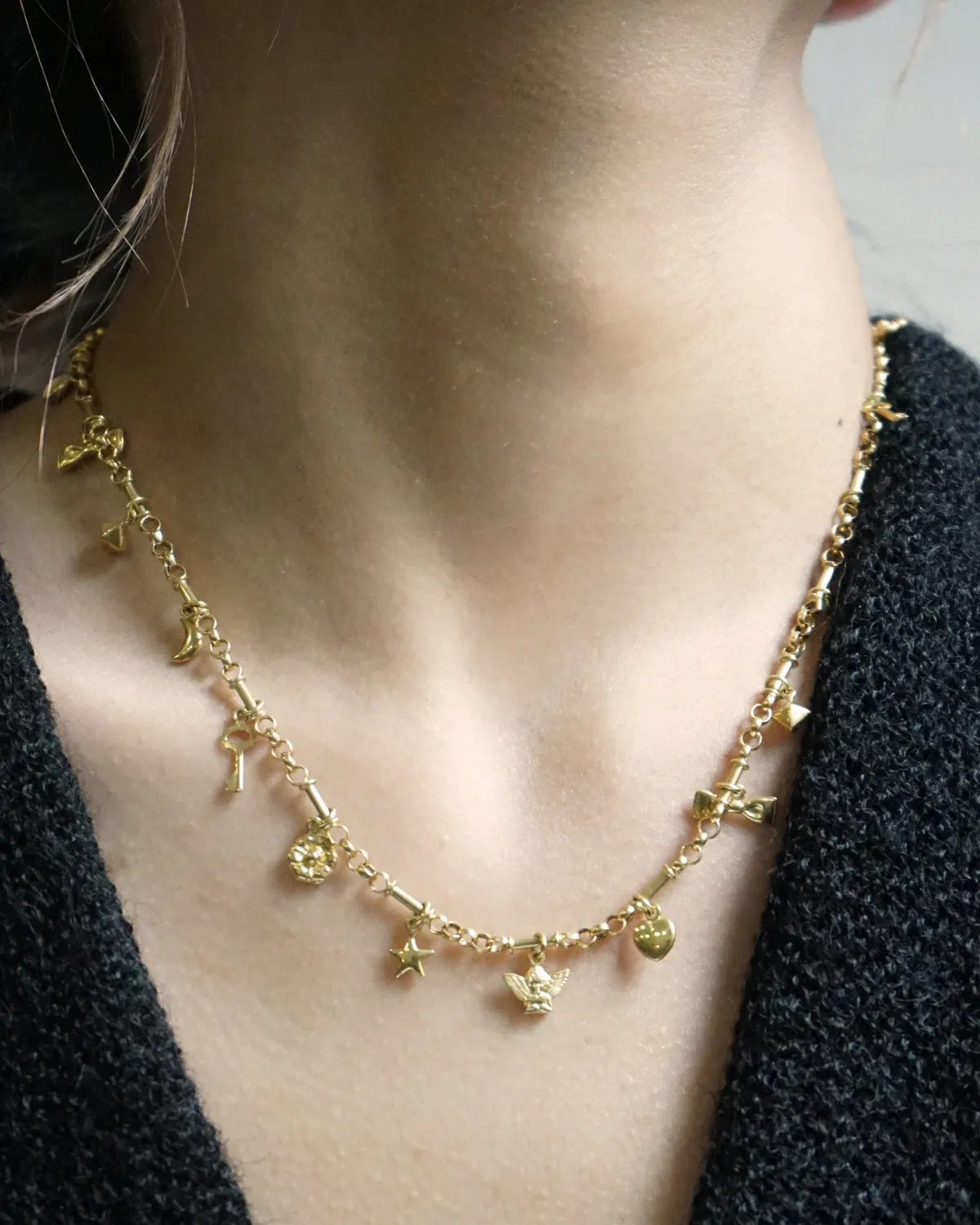 18k Gold Chain Necklace w/ Charms