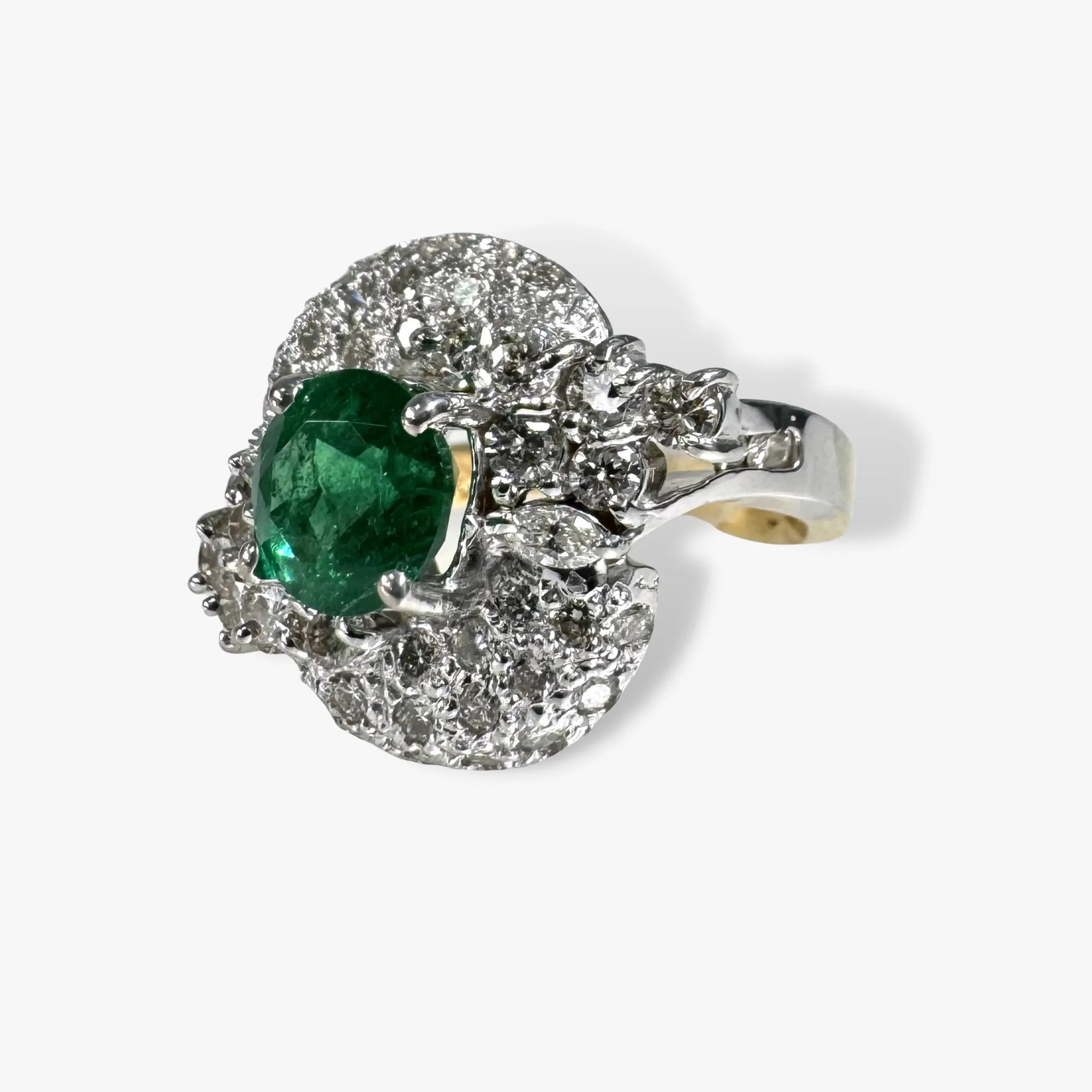 18k White and Yellow Gold Round Emerald and Diamond Vintage Ring