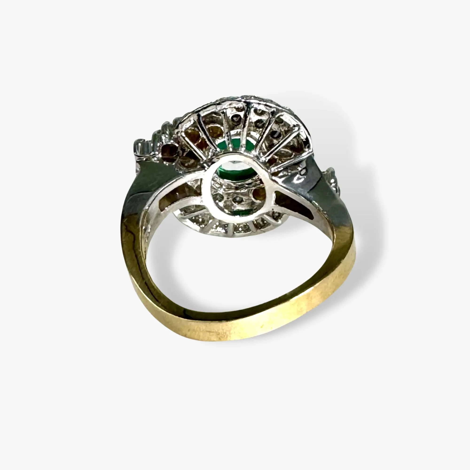 18k White and Yellow Gold Round Emerald and Diamond Vintage Ring