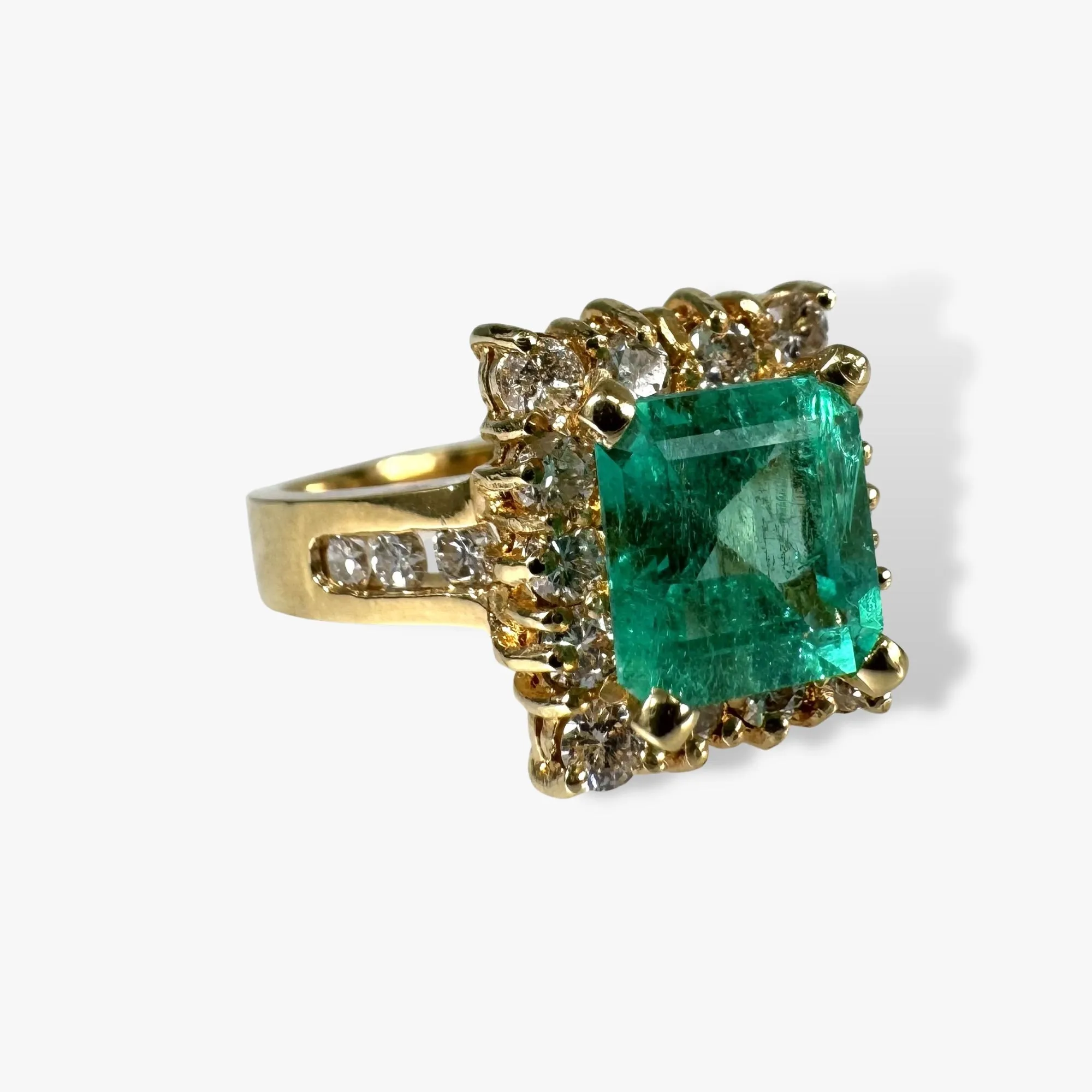 18k Yellow Gold Asscher Cut Emerald and Diamond Vintage Ring