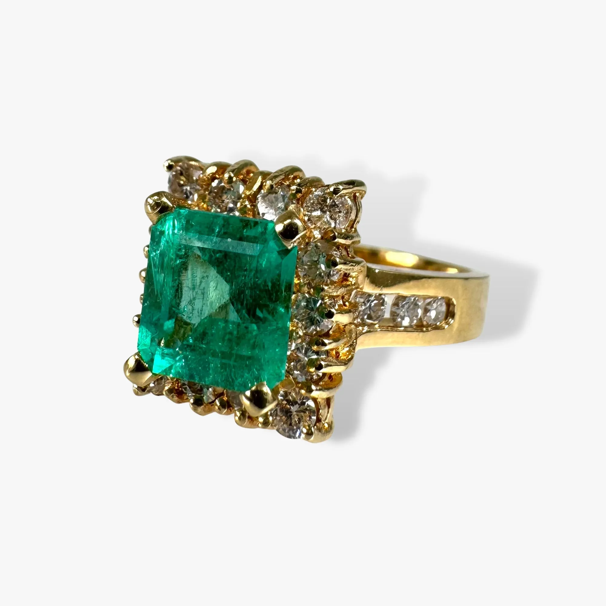 18k Yellow Gold Asscher Cut Emerald and Diamond Vintage Ring