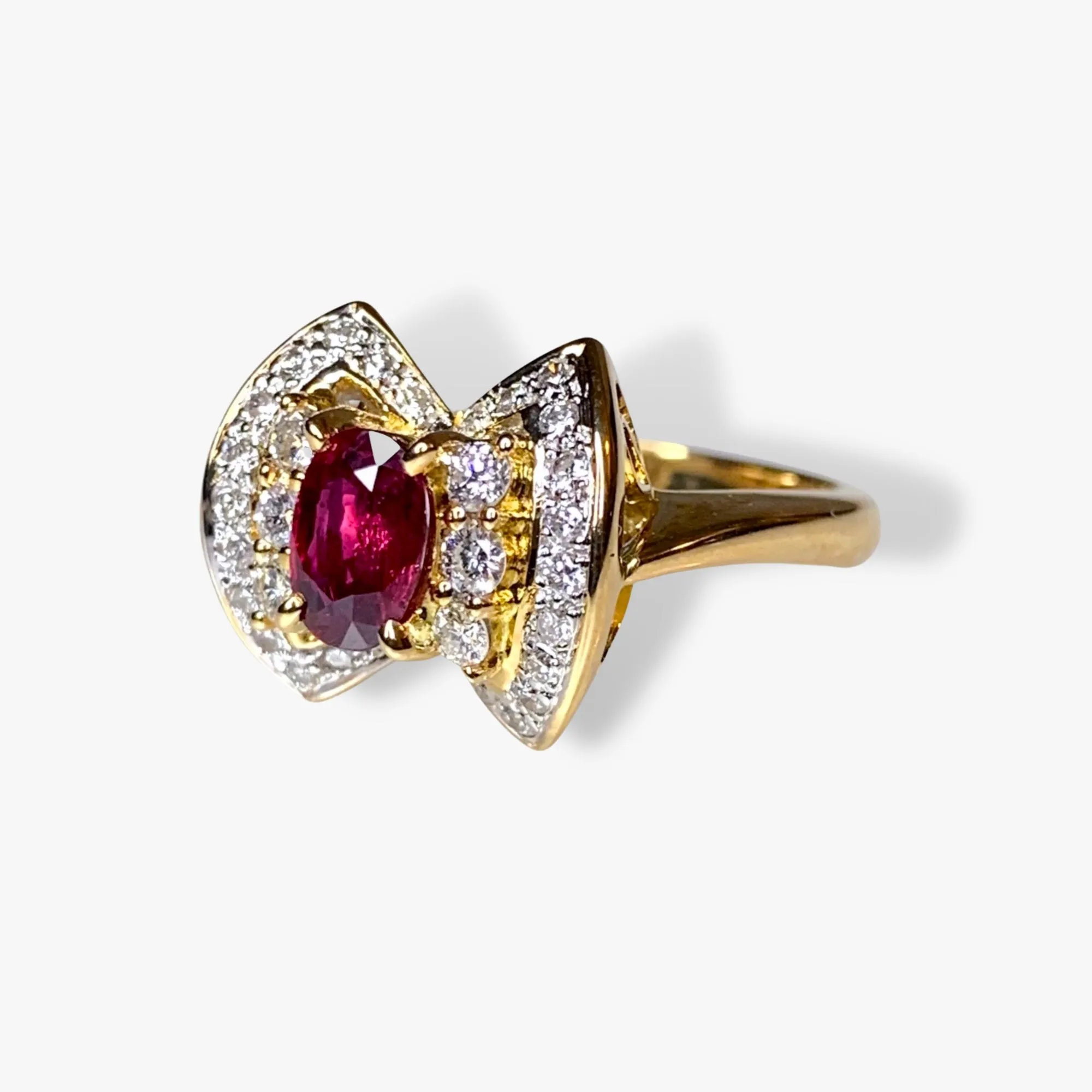 18k Yellow Gold Oval Ruby and Round Diamond Vintage Cluster Ring