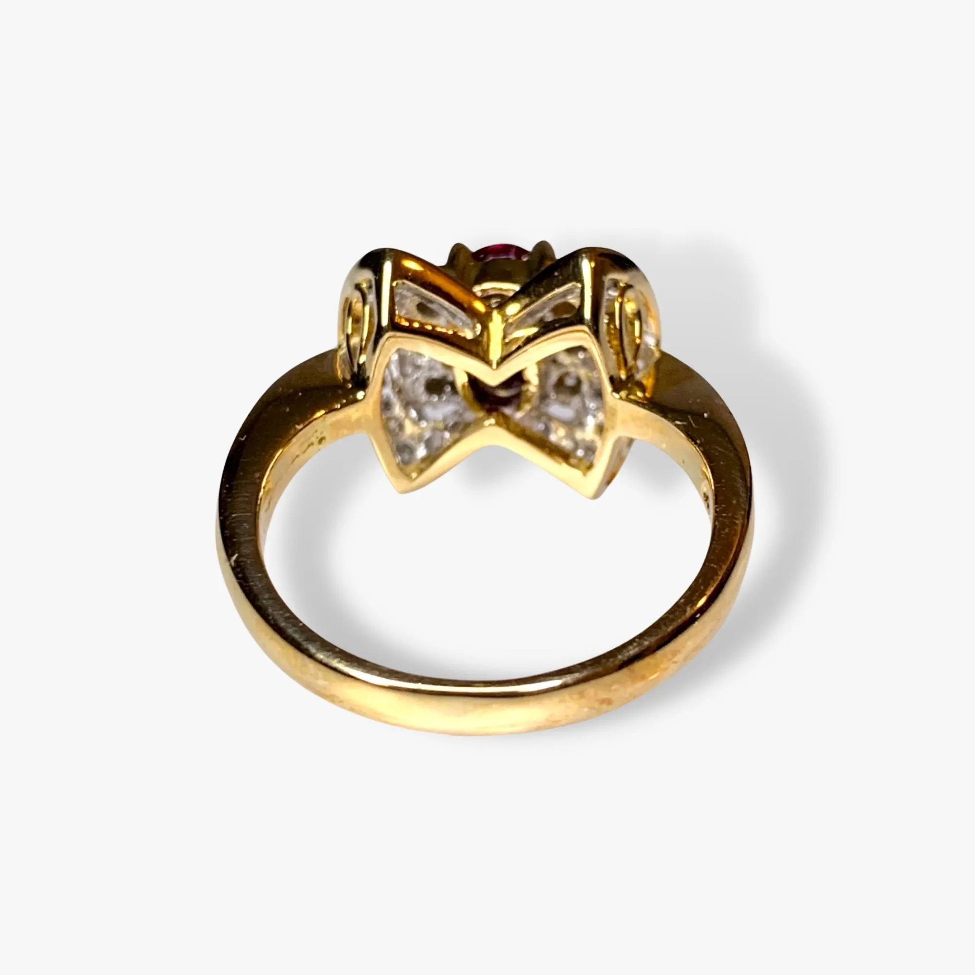 18k Yellow Gold Oval Ruby and Round Diamond Vintage Cluster Ring