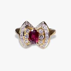18k Yellow Gold Oval Ruby and Round Diamond Vintage Cluster Ring