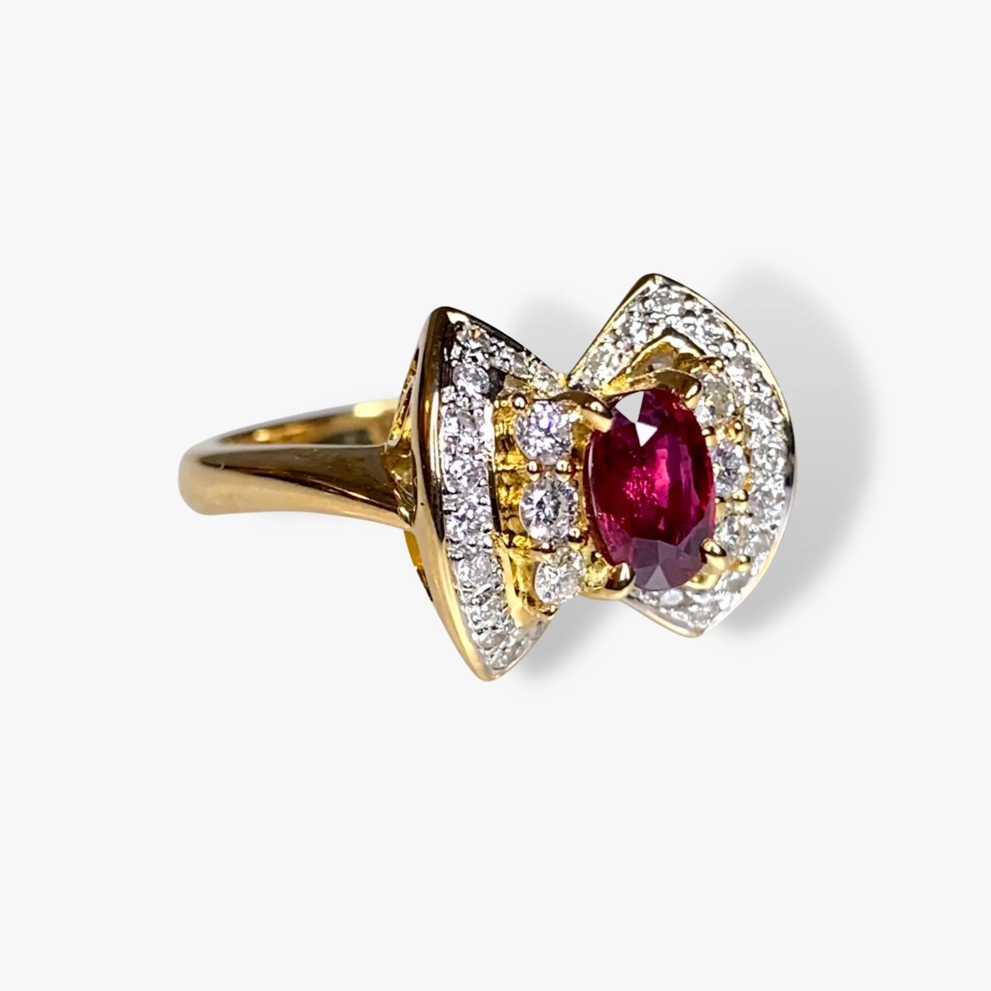 18k Yellow Gold Oval Ruby and Round Diamond Vintage Cluster Ring