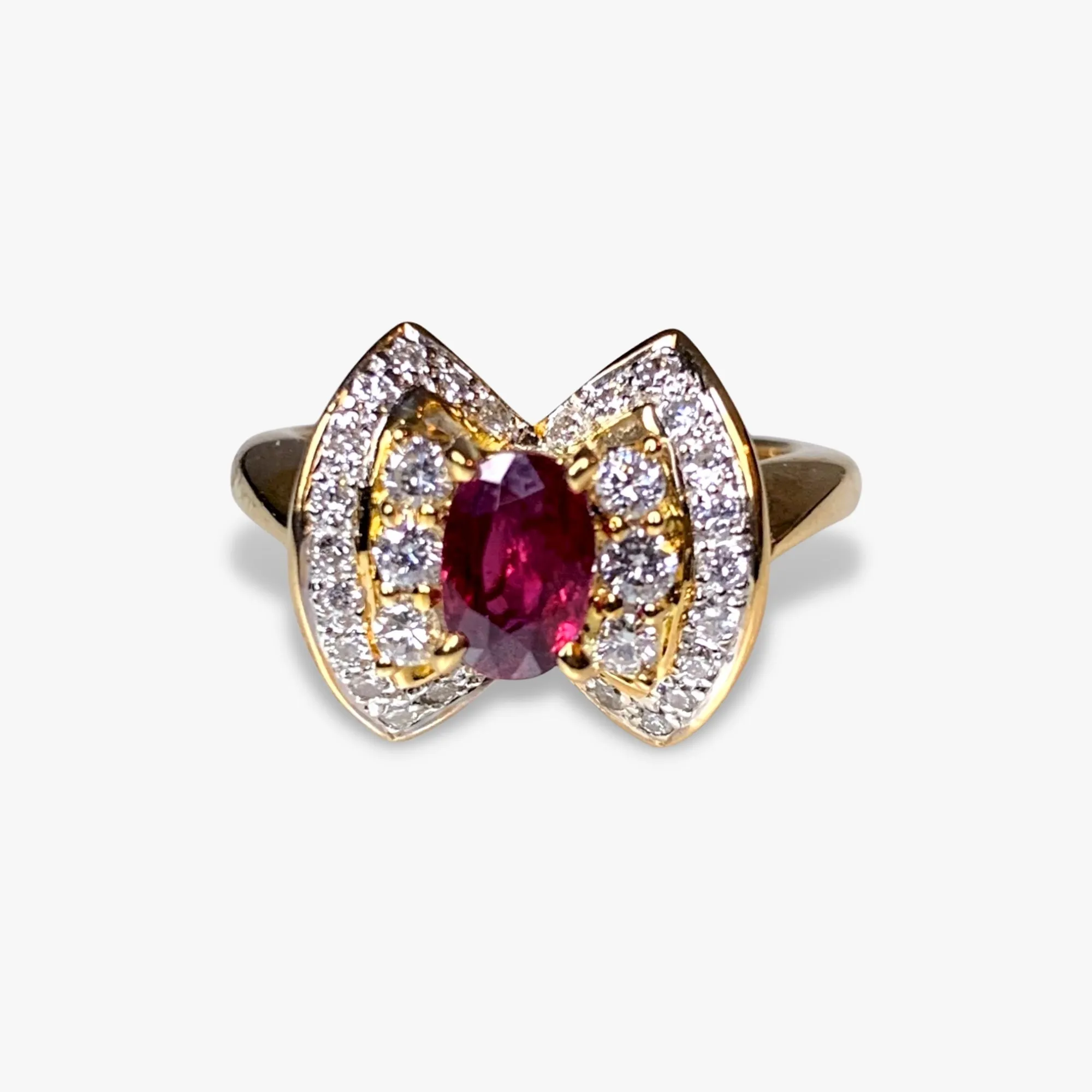 18k Yellow Gold Oval Ruby and Round Diamond Vintage Cluster Ring