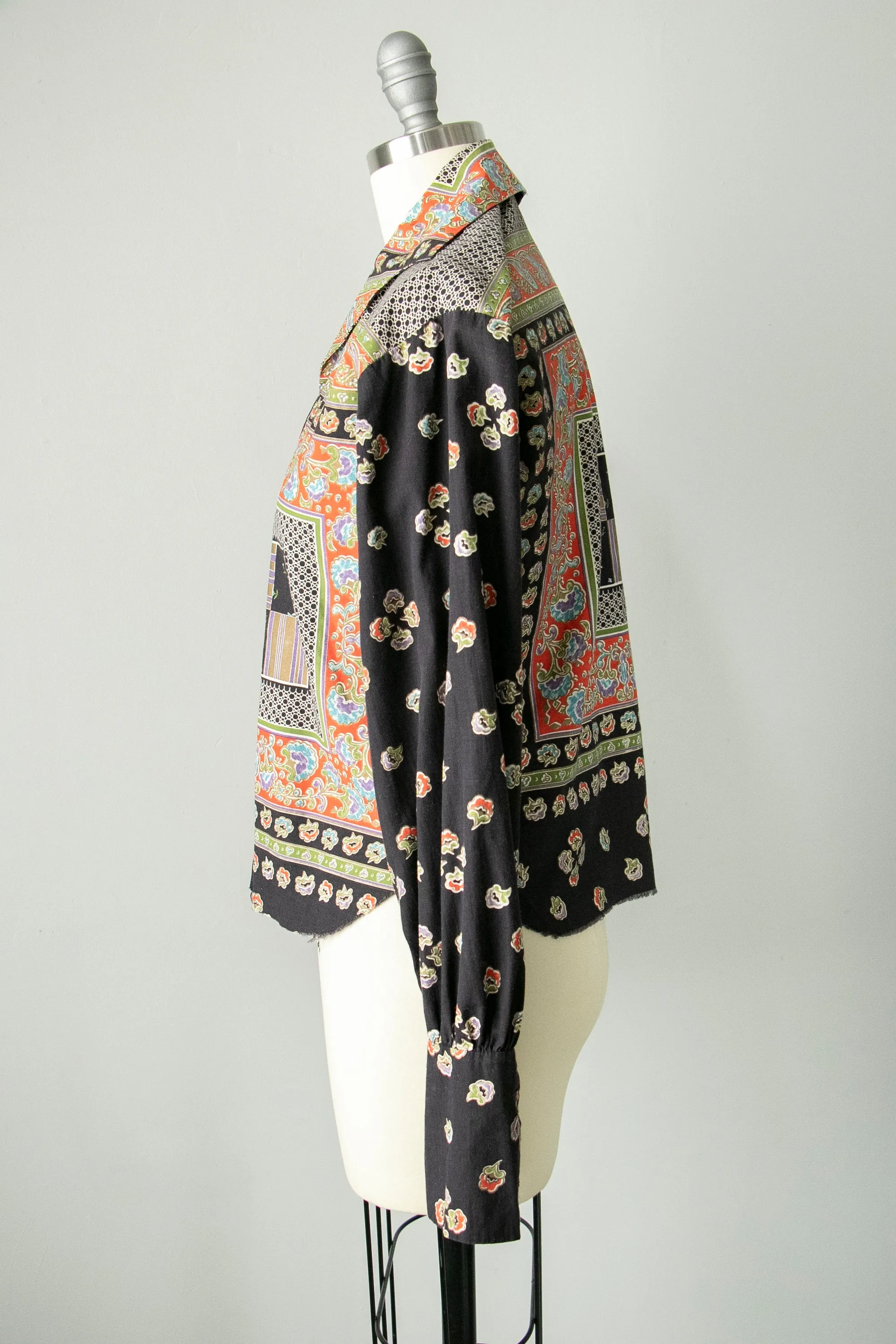 1970s Blouse Metallic Printed Cotton Top S