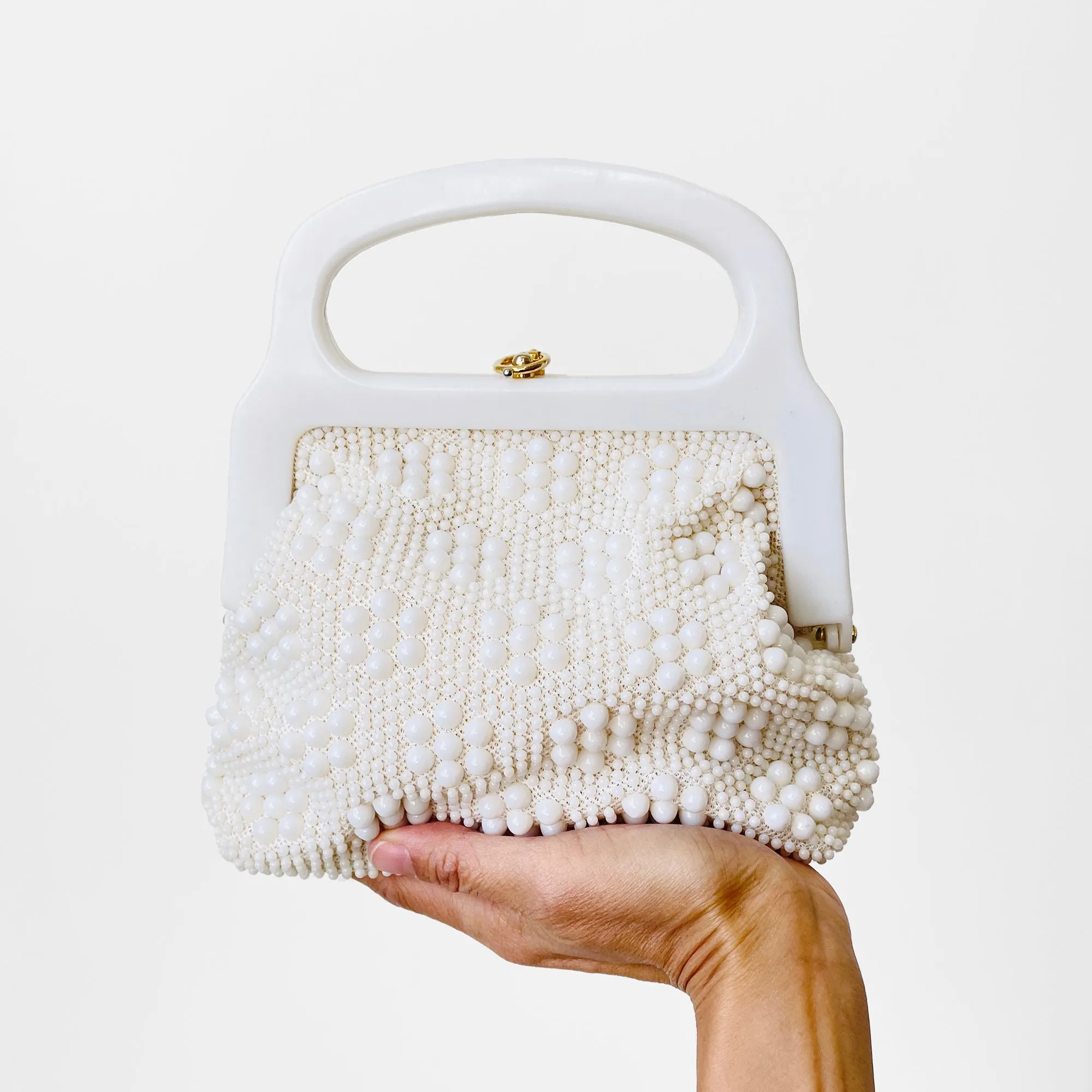1980s Off-White Beaded Top-Handle Evening-Bag Purse Handbag