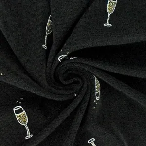 2 YD PC-Black/Gold Sparkle Champagne Glass Print Slinky Fabric