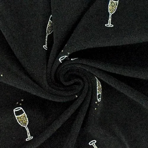 2 YD PC-Black/Gold Sparkle Champagne Glass Print Slinky Fabric