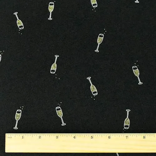 2 YD PC-Black/Gold Sparkle Champagne Glass Print Slinky Fabric