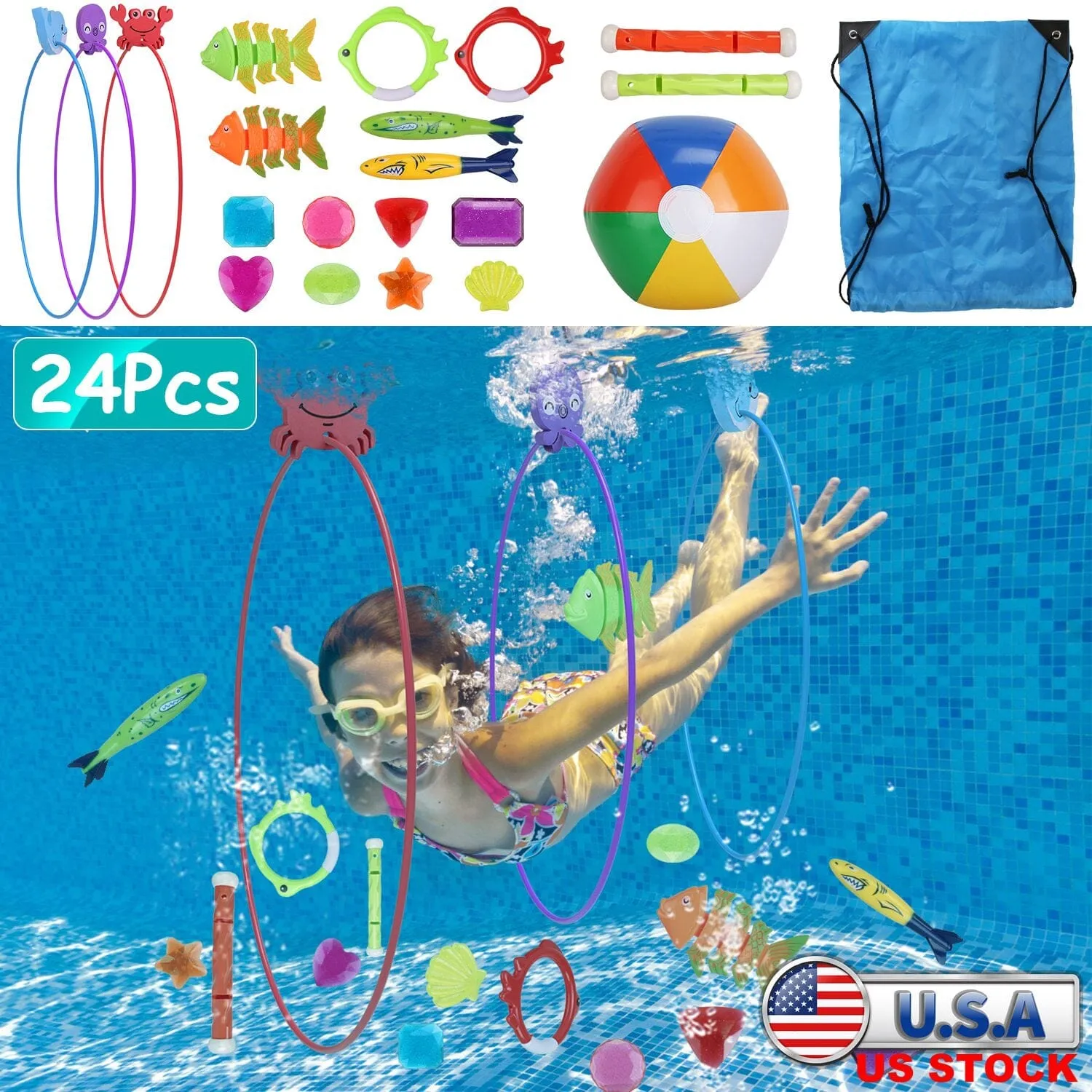 24-Pieces: Diving Toys Swimming Pool for Aged 3  Years Old