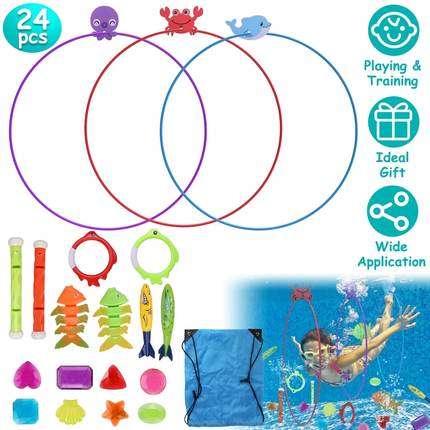 24-Pieces: Diving Toys Swimming Pool for Aged 3  Years Old
