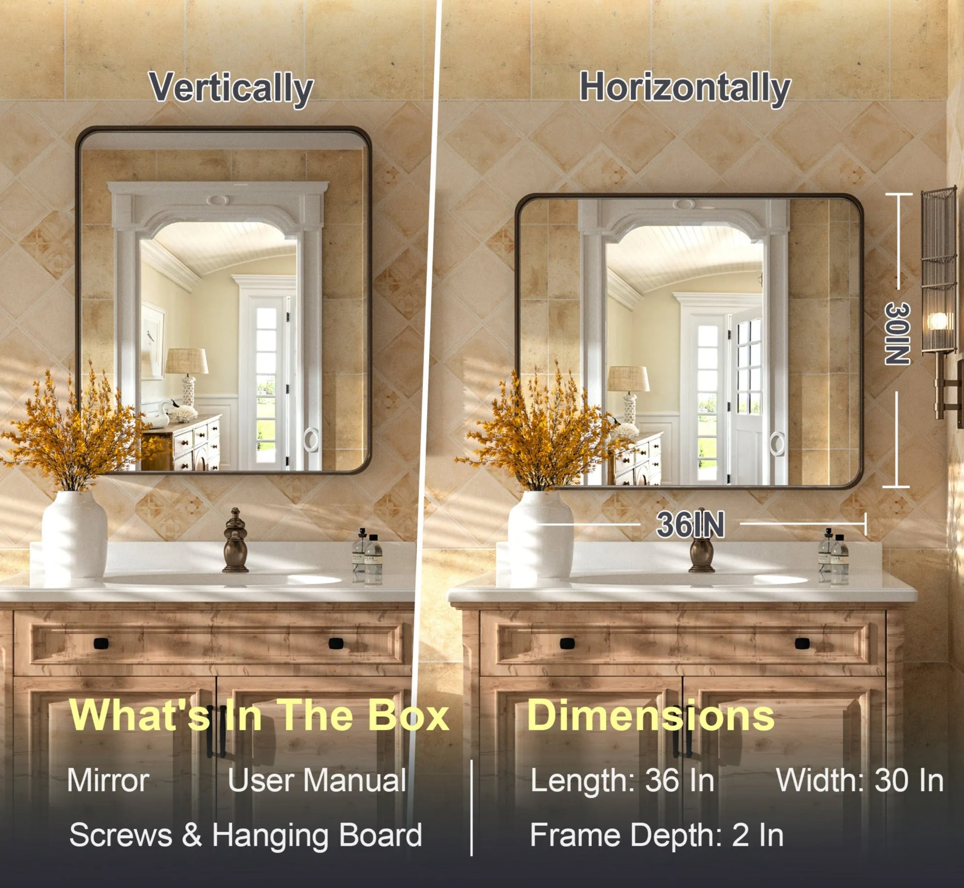 36" x 30" PILOCOS Modern Practical Brushed Metal Frame Mirror for Bathroom Vanity