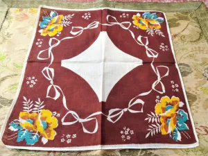 40s VINTAGE Printed Floral Hanky,Autumn Fall Colors,Flowers Ribbons Hankie,Colorful Hankie,Handkerchief To Frame,Collectible Vintage Hankies