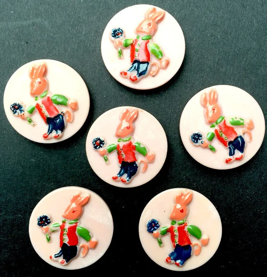 6 Vintage Italian 2cm Rabbit Buttons - Pink Background