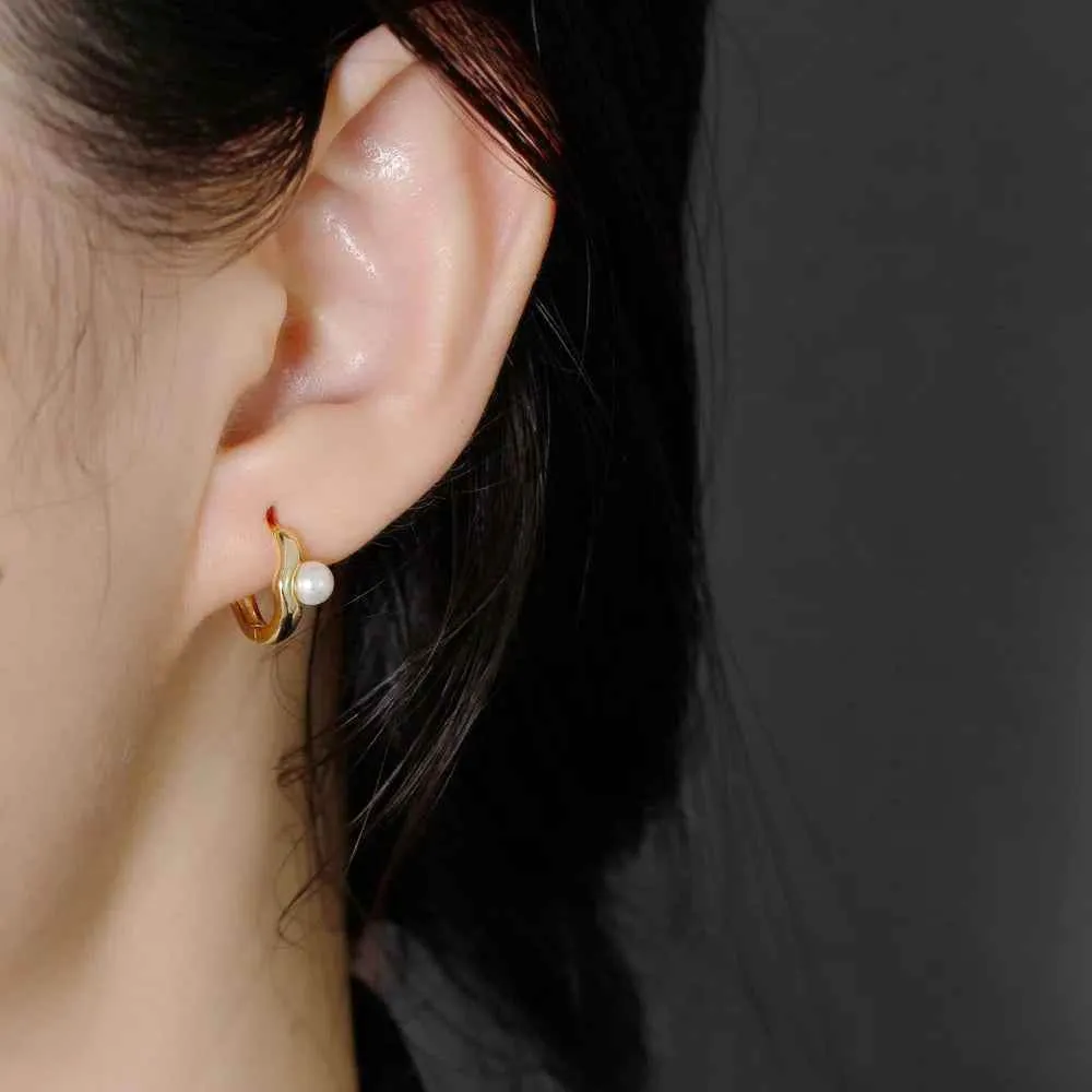 925 Sterling Silver Hoop Earrings Charm Jewelry - Pearl Circle-shaped - MD389