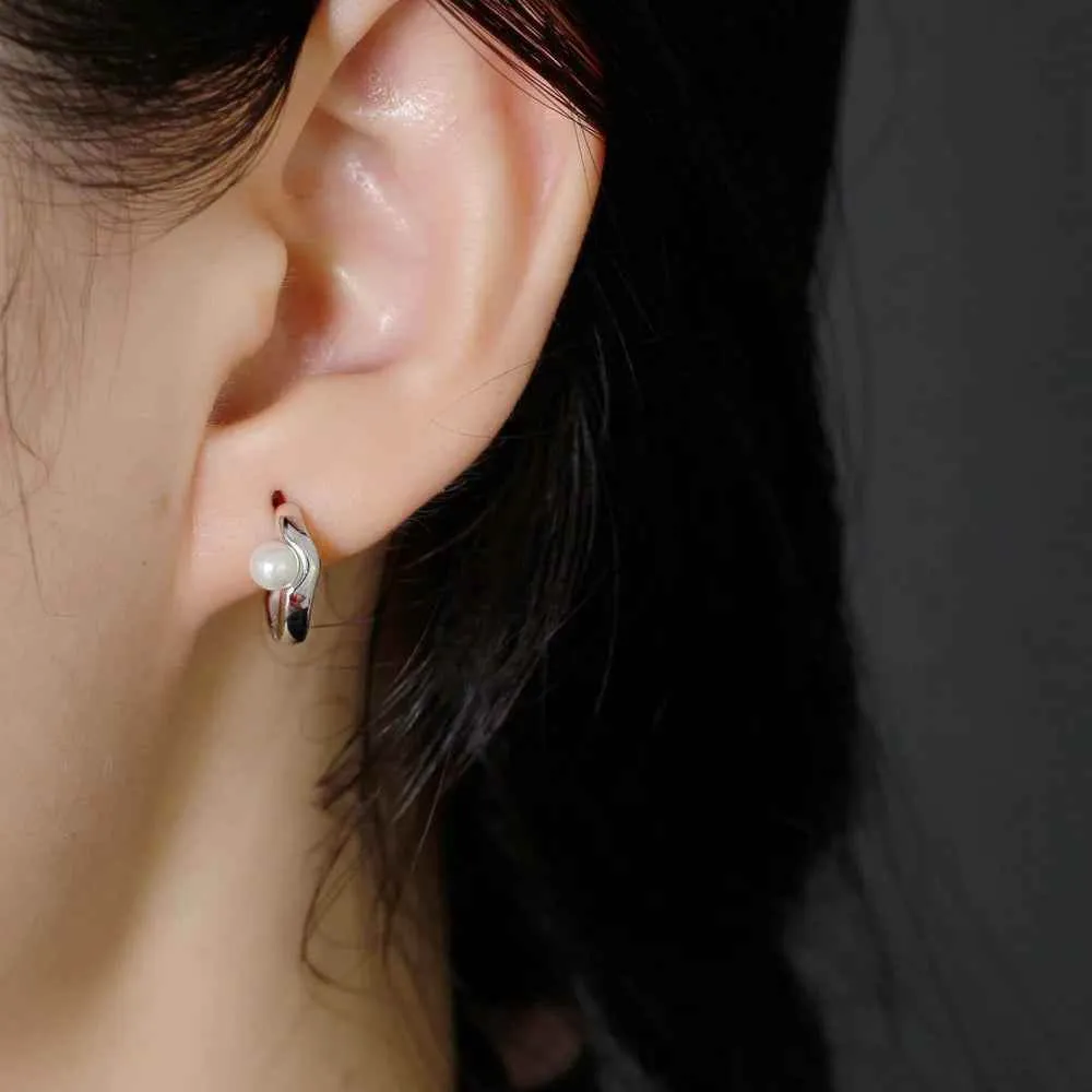 925 Sterling Silver Hoop Earrings Charm Jewelry - Pearl Circle-shaped - MD389