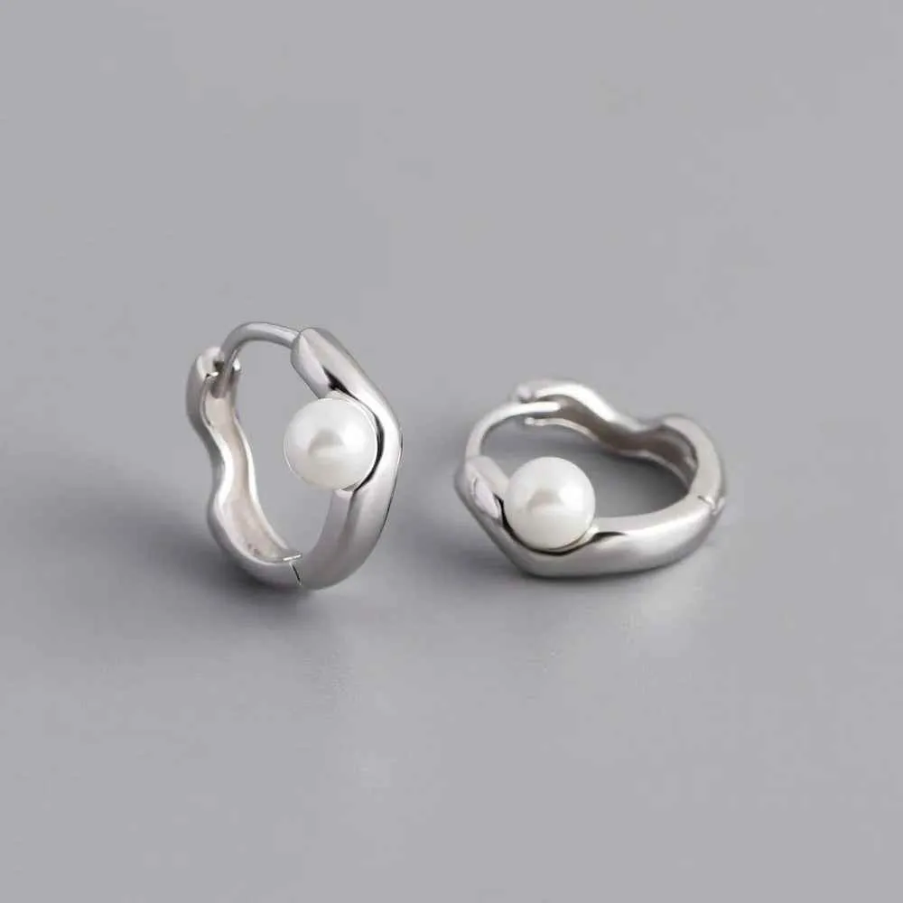 925 Sterling Silver Hoop Earrings Charm Jewelry - Pearl Circle-shaped - MD389
