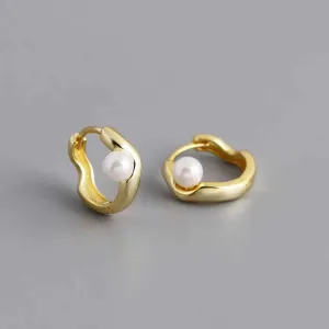 925 Sterling Silver Hoop Earrings Charm Jewelry - Pearl Circle-shaped - MD389