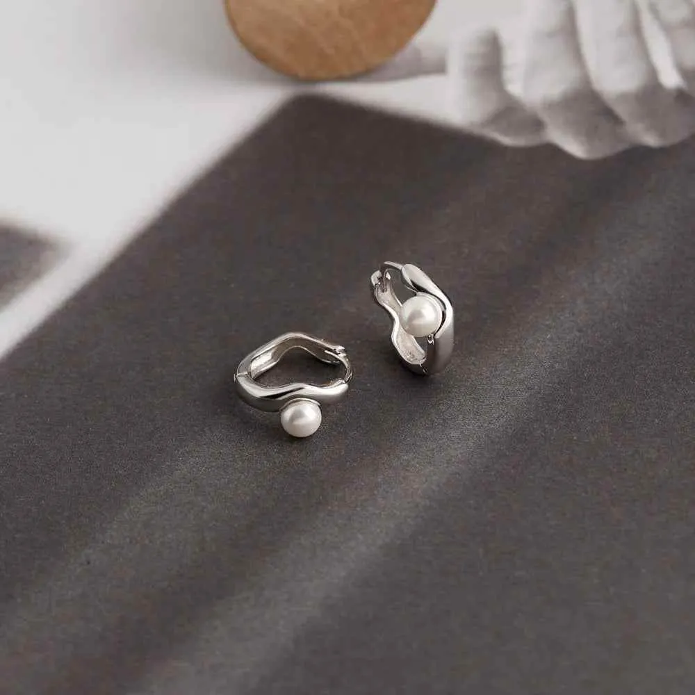925 Sterling Silver Hoop Earrings Charm Jewelry - Pearl Circle-shaped - MD389
