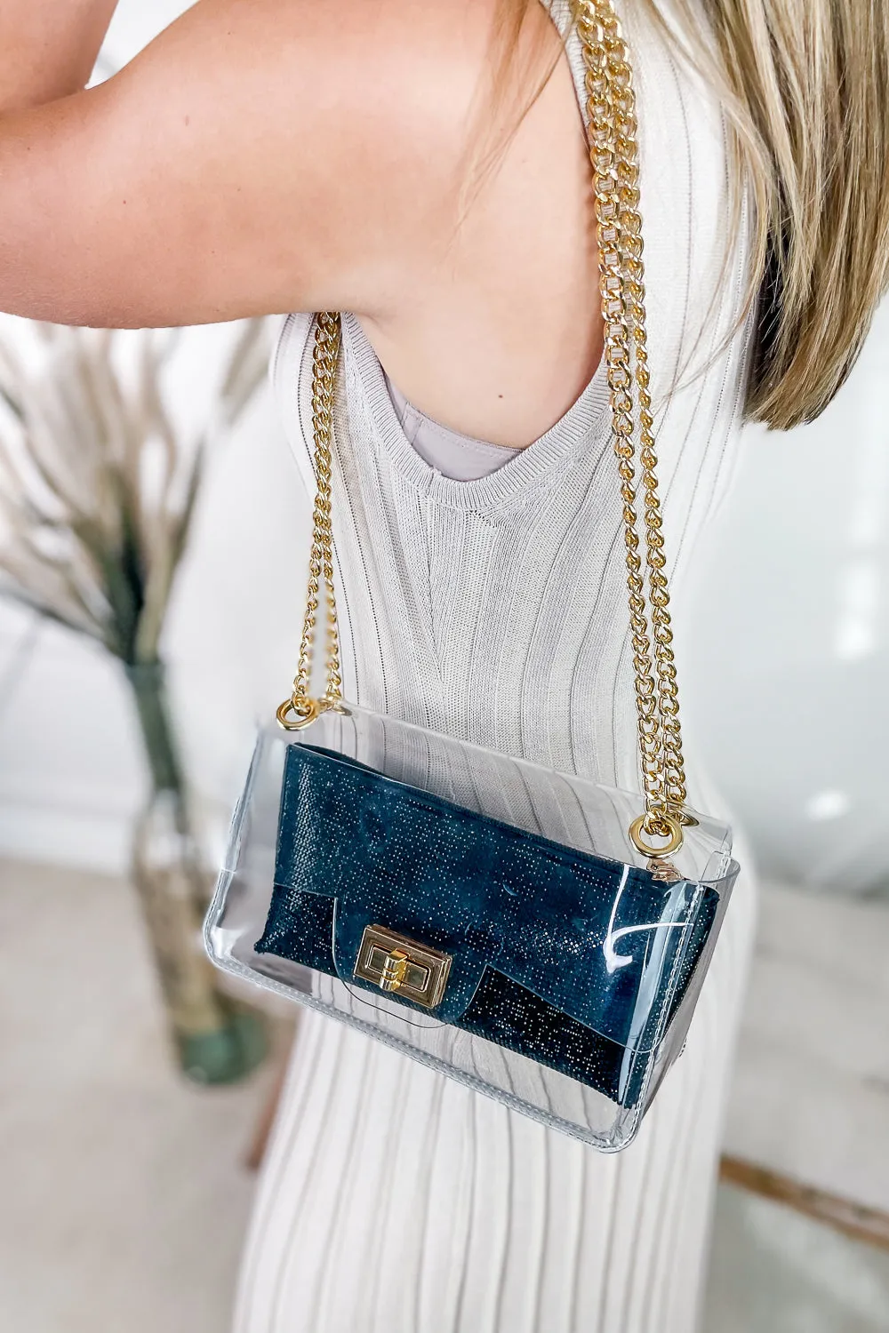 A Classy Look Clear Bag With Rhinestone Clutch - Black