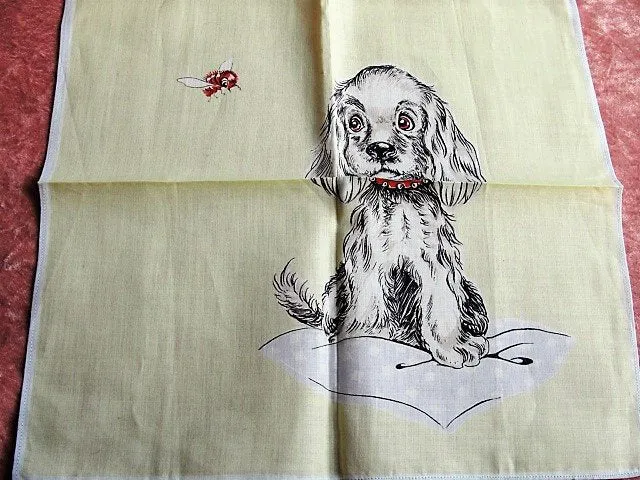 ADORABLE Mid Century Dog Hankie, Vintage Handkerchief Hanky, Spaniel Dogs Hankie, Vintage Dog Lover Hankies,Collectible Animal Hankies