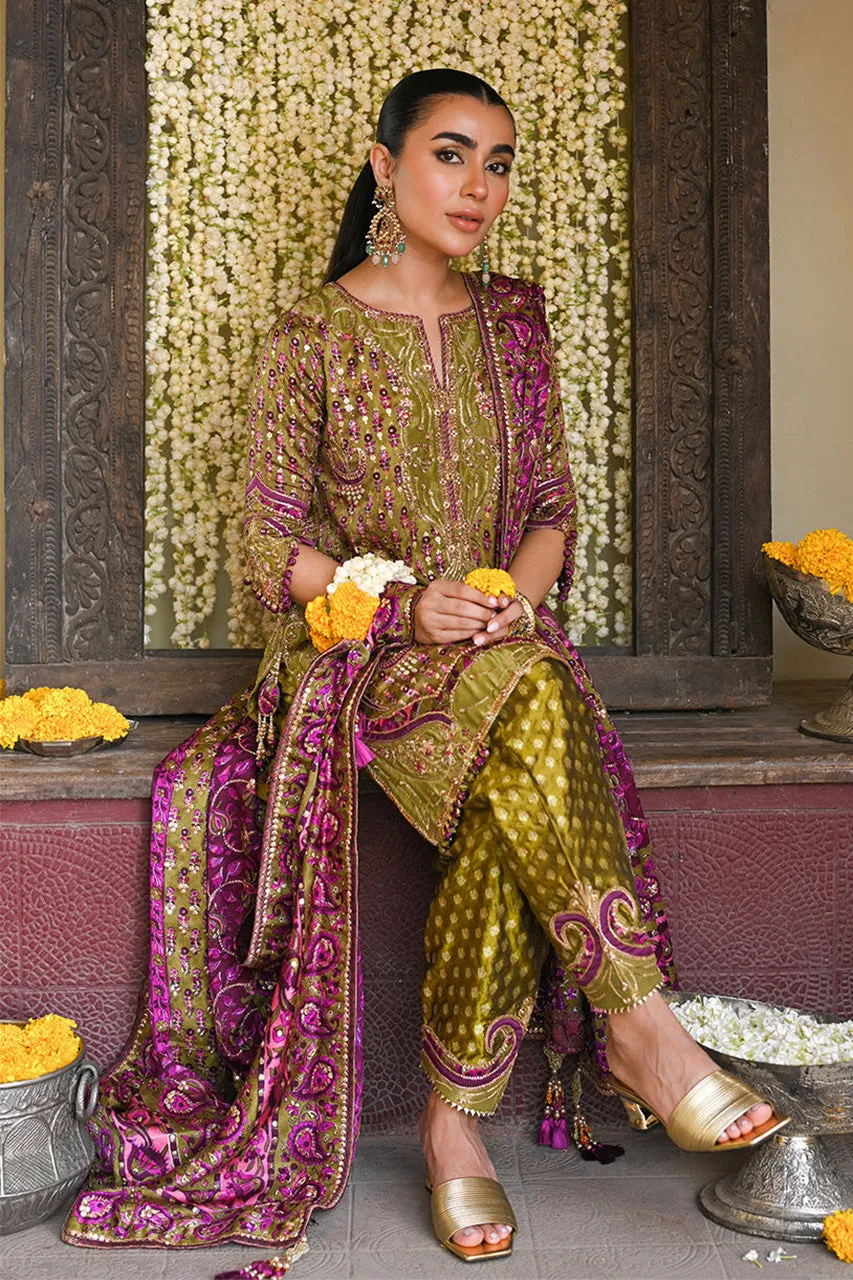 Amaltaas '24 - Alira Mehndi Green Kurta And Shalwar With Embellished Block Print Dupatta