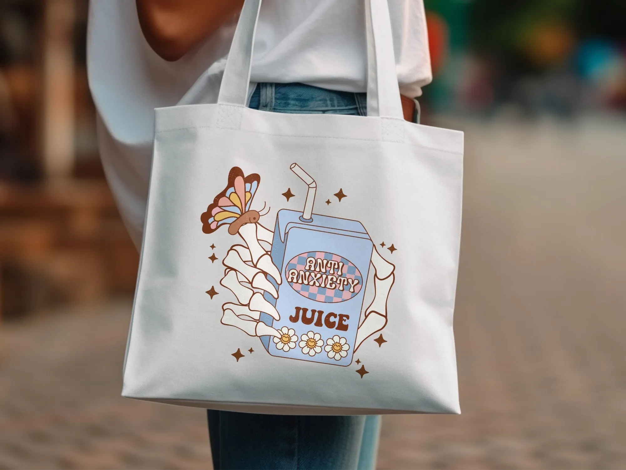Anti Anxiety Juice Illustration Tote Bag, Cute Wellness Mental Health Gift, Trendy Aesthetic Canvas Bag, Butterfly Graphic