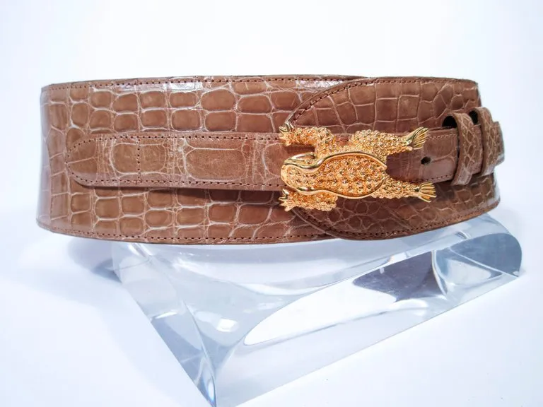 BARRY KEISELSTEIN-CORD Nude Alligator Belt Goldtone Sterling Frog Buckle Large
