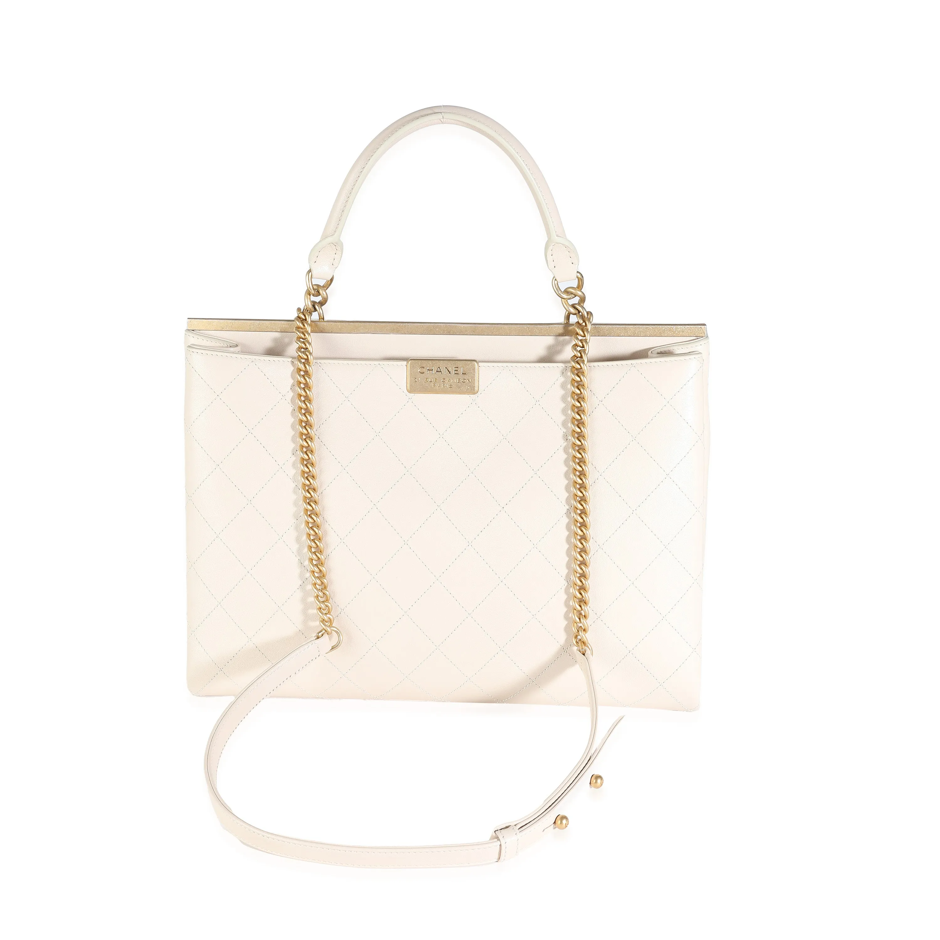 Beige Quilted Calfskin Large Coco Luxe Shopping Tote