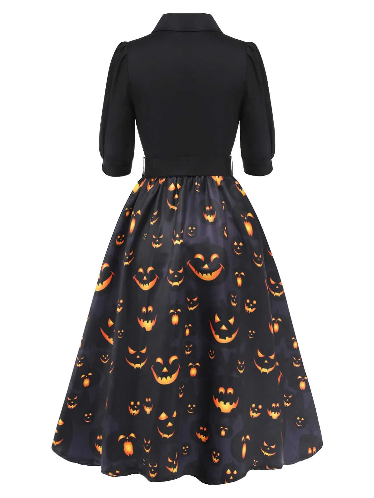 Black 1940s Halloween Lapel Pumpkin Belted Dress