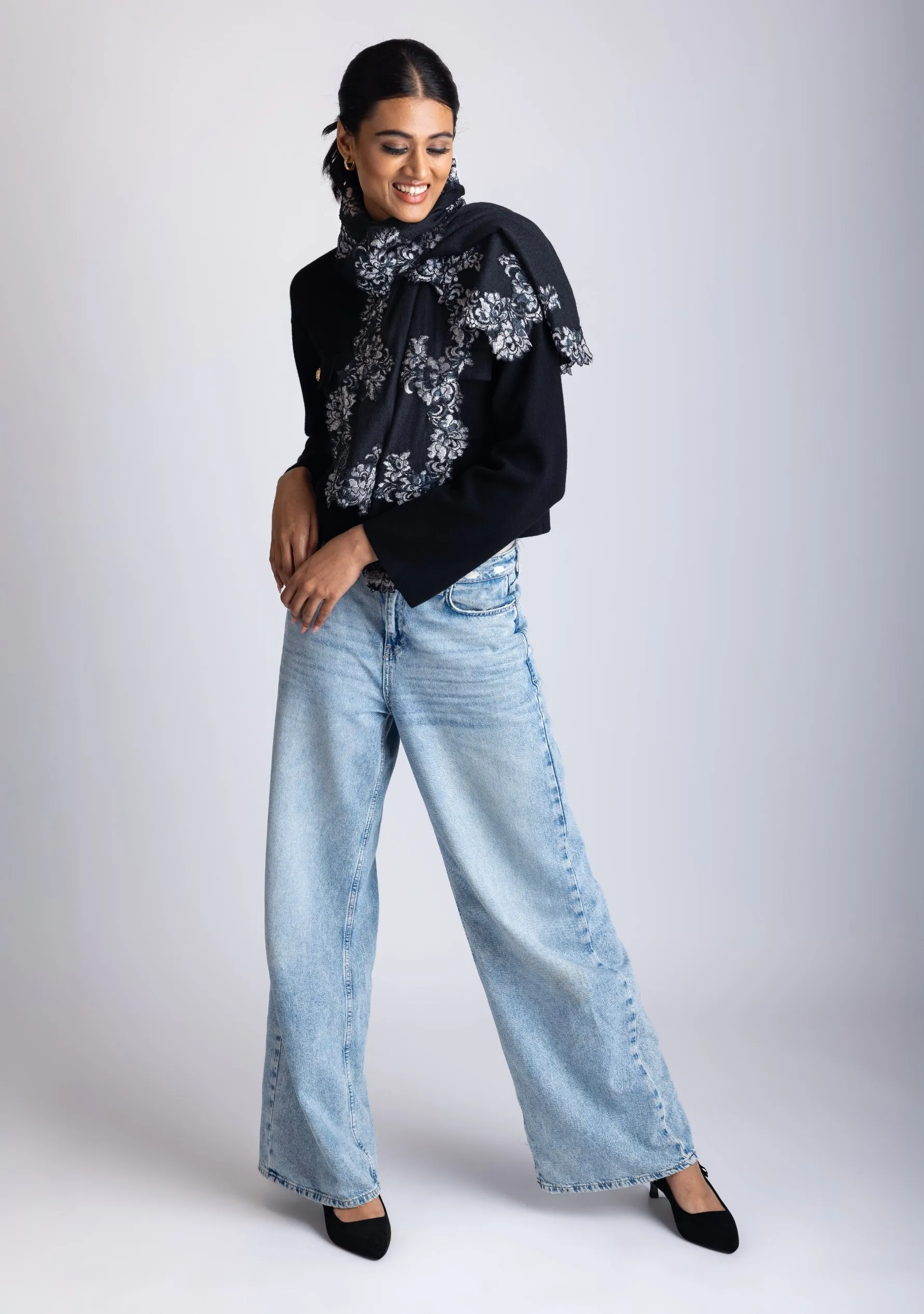Black Cashmere Scarf with a Dual Shade Black and Silver Floral Chantilly Lace Border