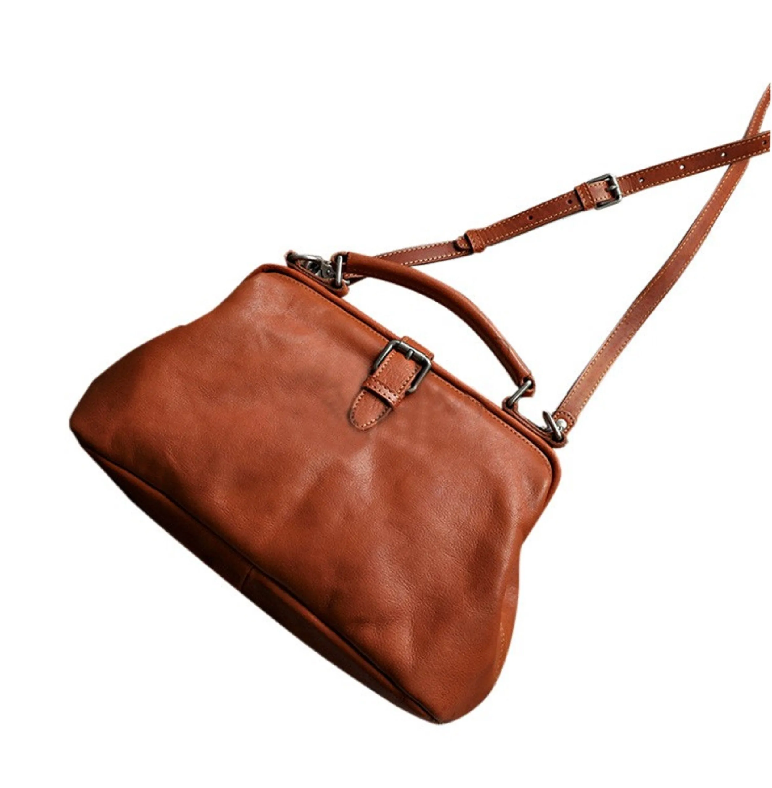 Black Doctor Bag Leather Handbag Crossbody Purse For Women
