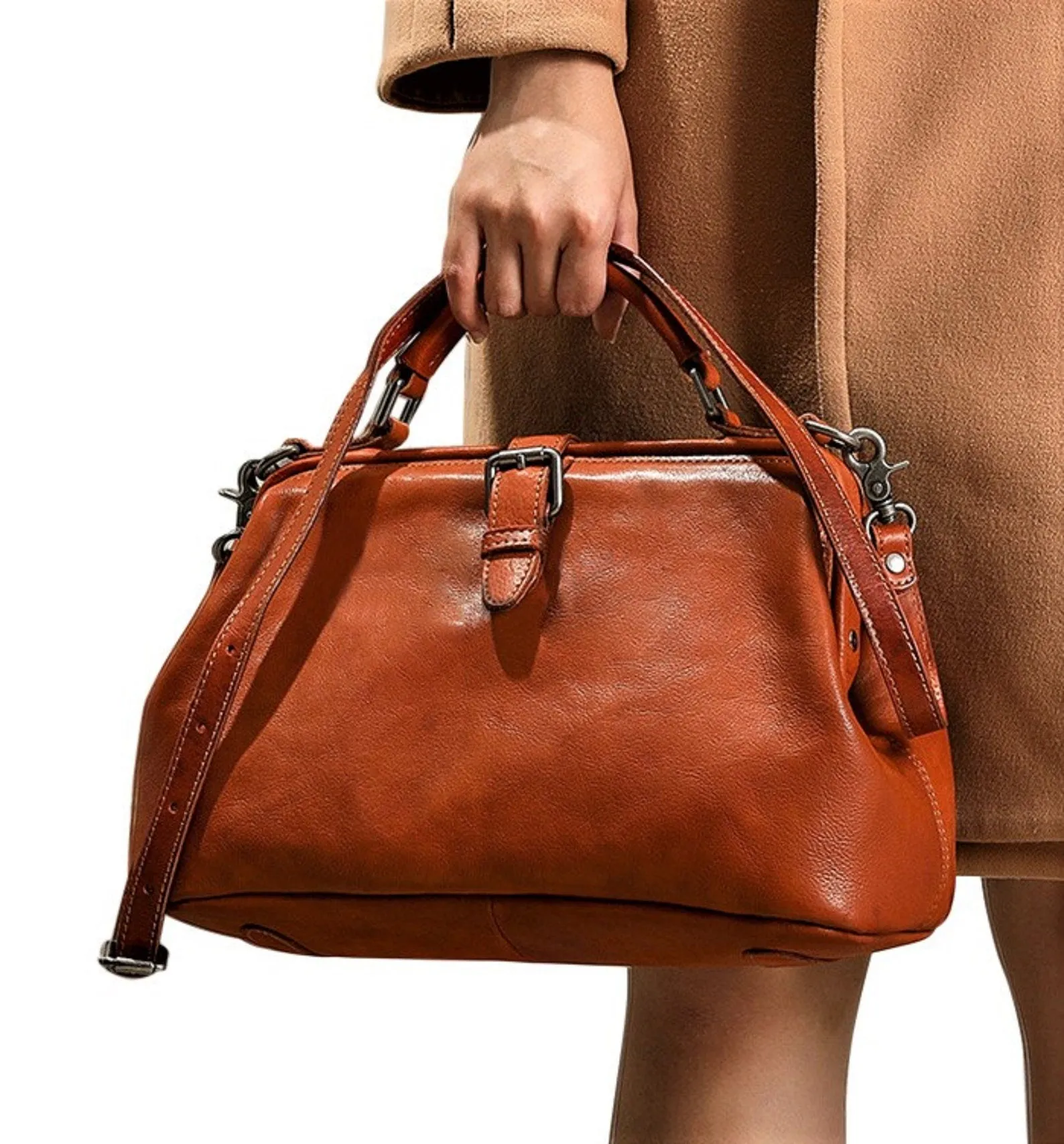 Black Doctor Bag Leather Handbag Crossbody Purse For Women