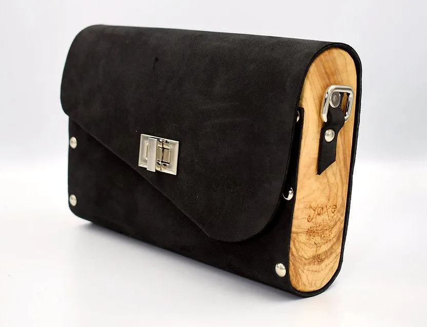 Black matt leather wood women bag nubuck