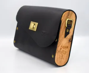 Black matt leather wood women bag nubuck