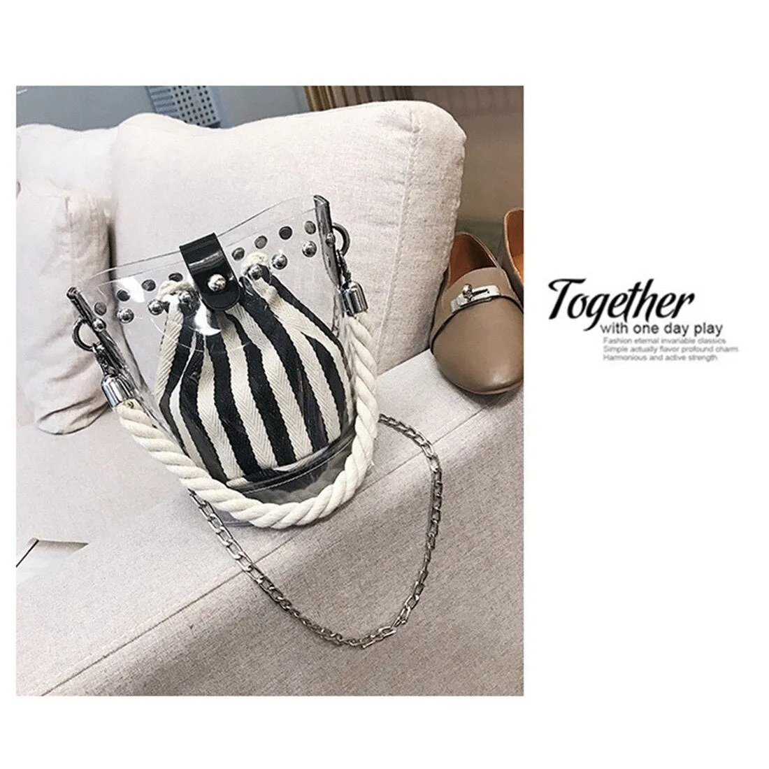 Black New Fashion PVC Chain Diagonal Bag Fashion Transparent Hit color Stripe Rivet Hemp Single shoulder Diagonal Child b