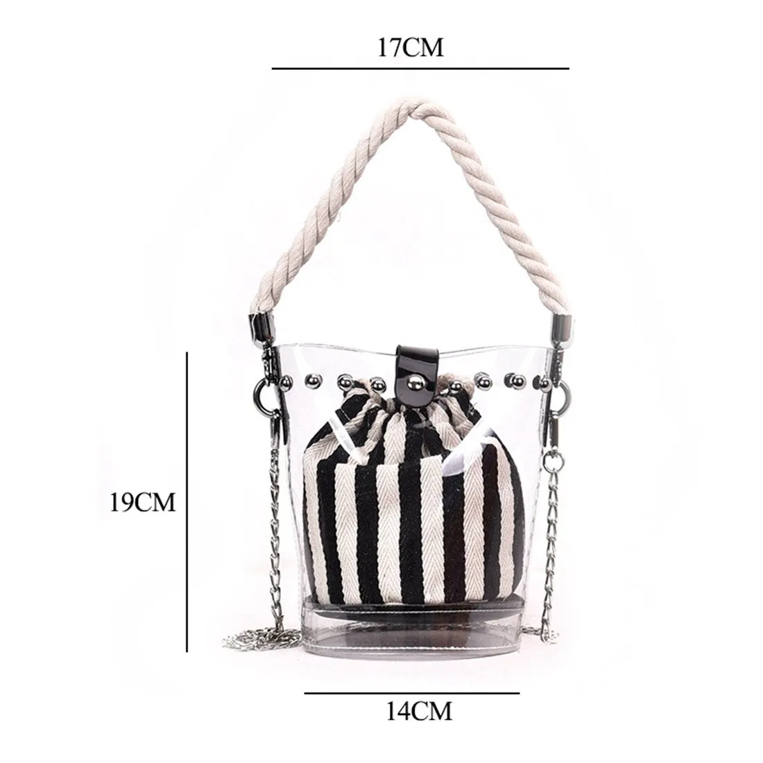 Black New Fashion PVC Chain Diagonal Bag Fashion Transparent Hit color Stripe Rivet Hemp Single shoulder Diagonal Child b