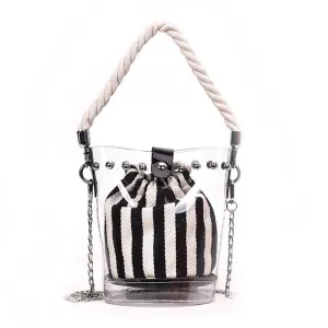 Black New Fashion PVC Chain Diagonal Bag Fashion Transparent Hit color Stripe Rivet Hemp Single shoulder Diagonal Child b